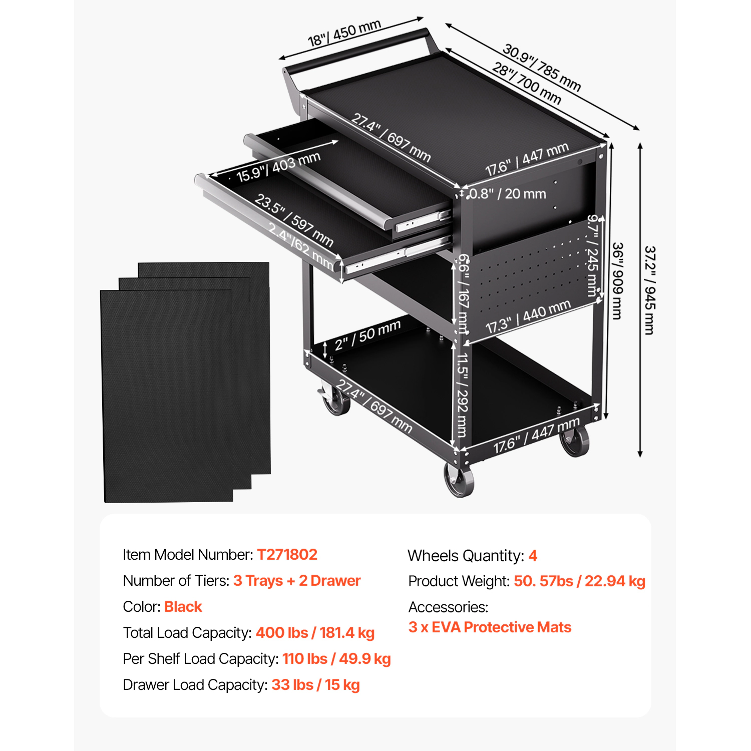 HONGGE Rolling Tool Cart with Wheels, Pegboard, Mechanic Storage Organizer with Locking System for Garage, Warehouse
