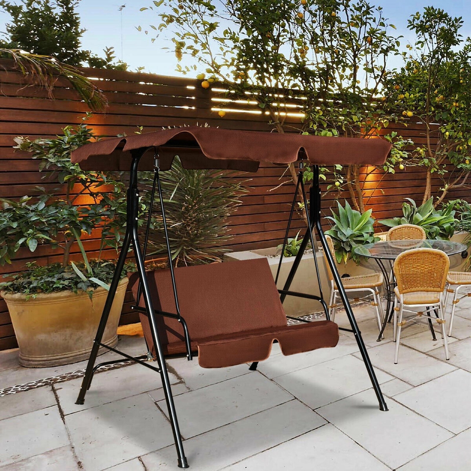 SUGIFT Brown 2-Seat Outdoor Patio Glider Swing with Cushions and Canopy