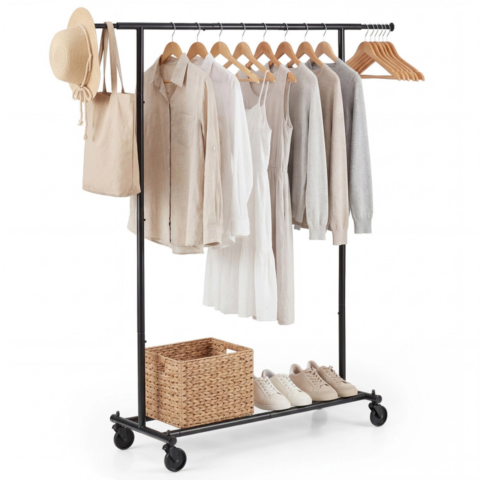 SUGIFT 90-lb Rod Capacity 61-in Black Metal Mobile Garment Rack with Extendable Rods and 4 Swivel Casters