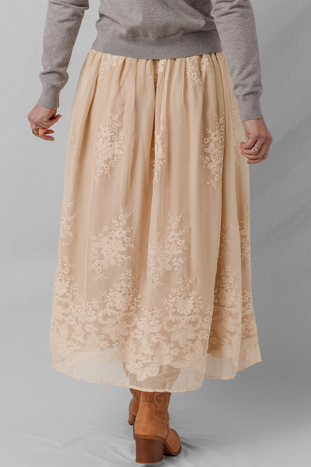 Threaded Pear Women's Vivienne Embroidered Mesh Overlay Long Skirt