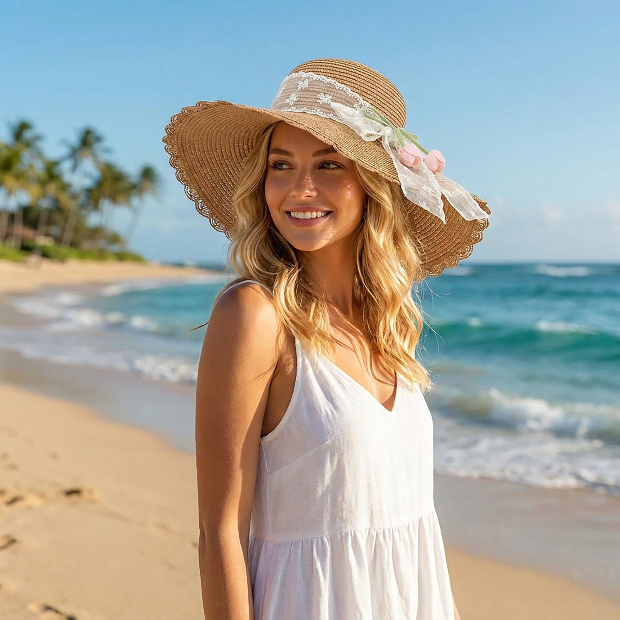 Anna-Kaci Women's Wide Brim Straw Sun Hat with Scalloped Edge Lace Bow and Floral Accent