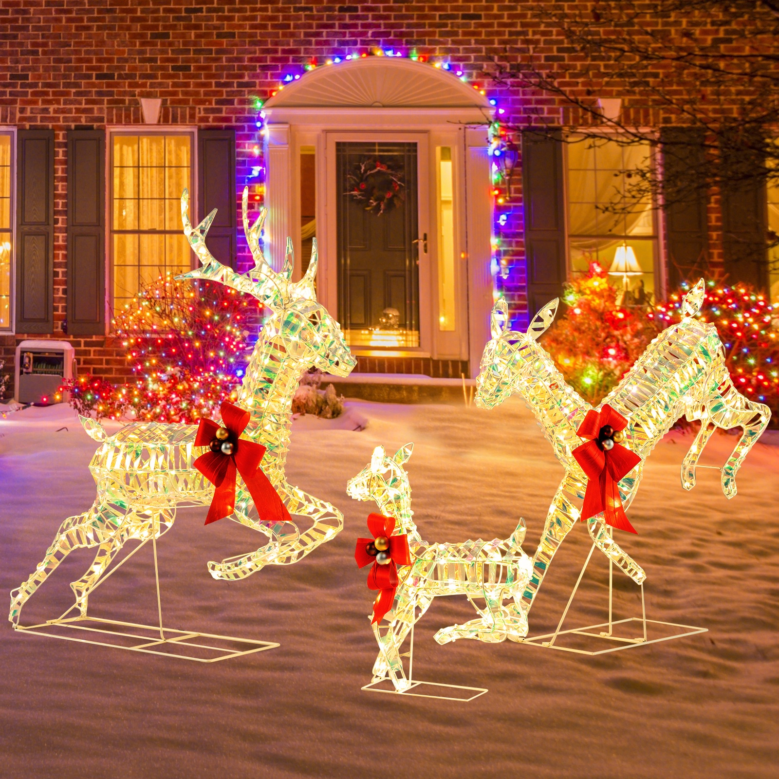 SUGIFT 3-Piece Lighted Christmas Reindeer Family with 230 Warm White LED Lights Bows and Ground Stakes