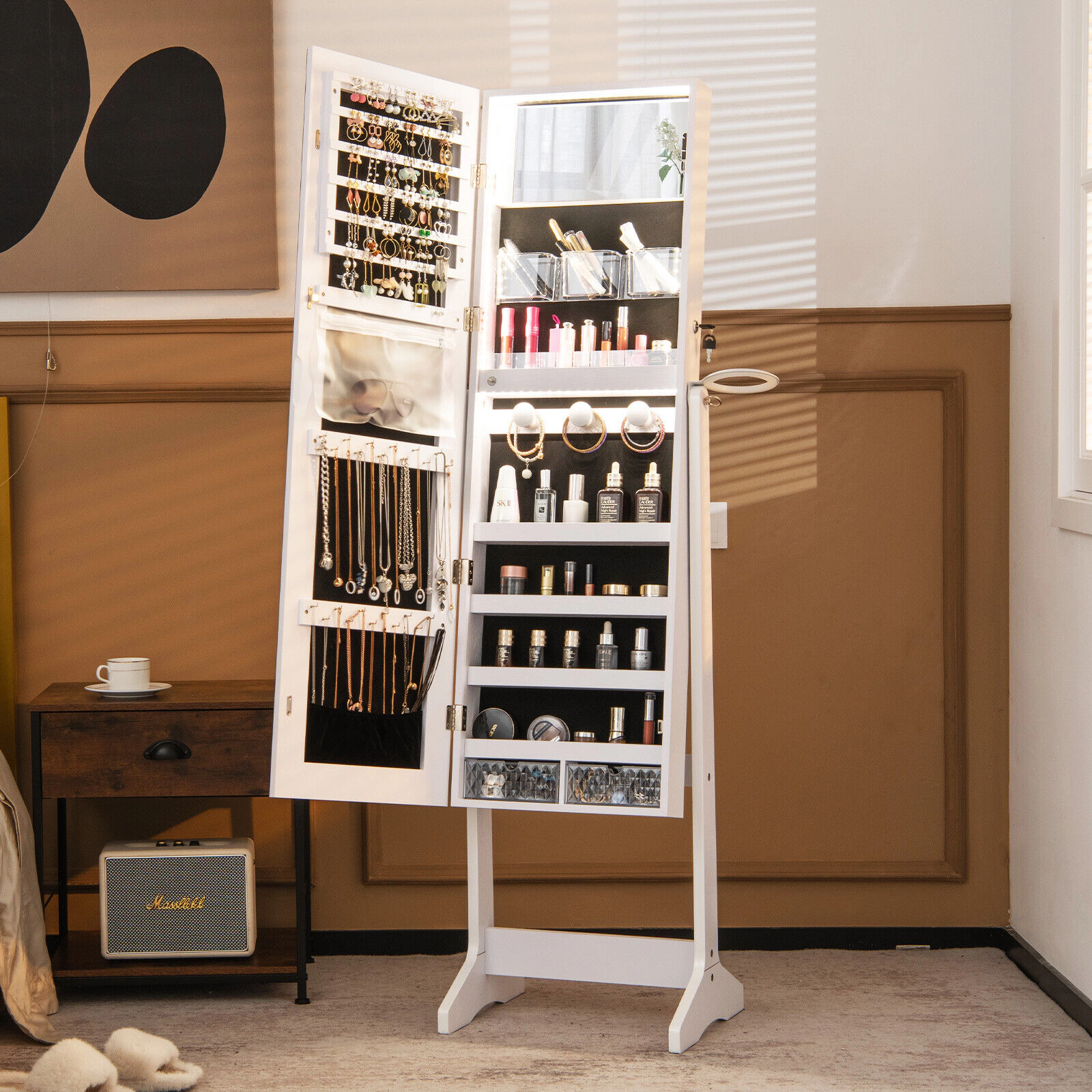 Slickblue 61.5 Inch Freestanding Jewelry Cabinet with Full-Length Mirror and LED Lights