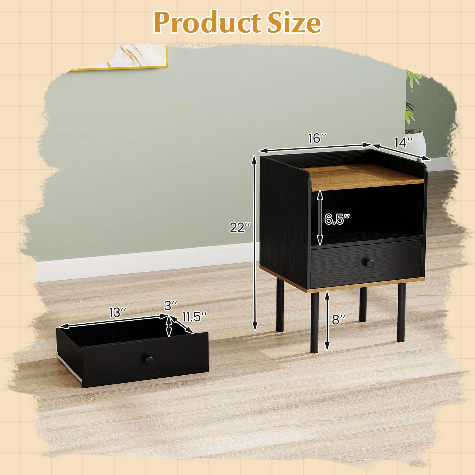 SlickBlue Unisex Modern Nightstand with Drawer and Open Shelf