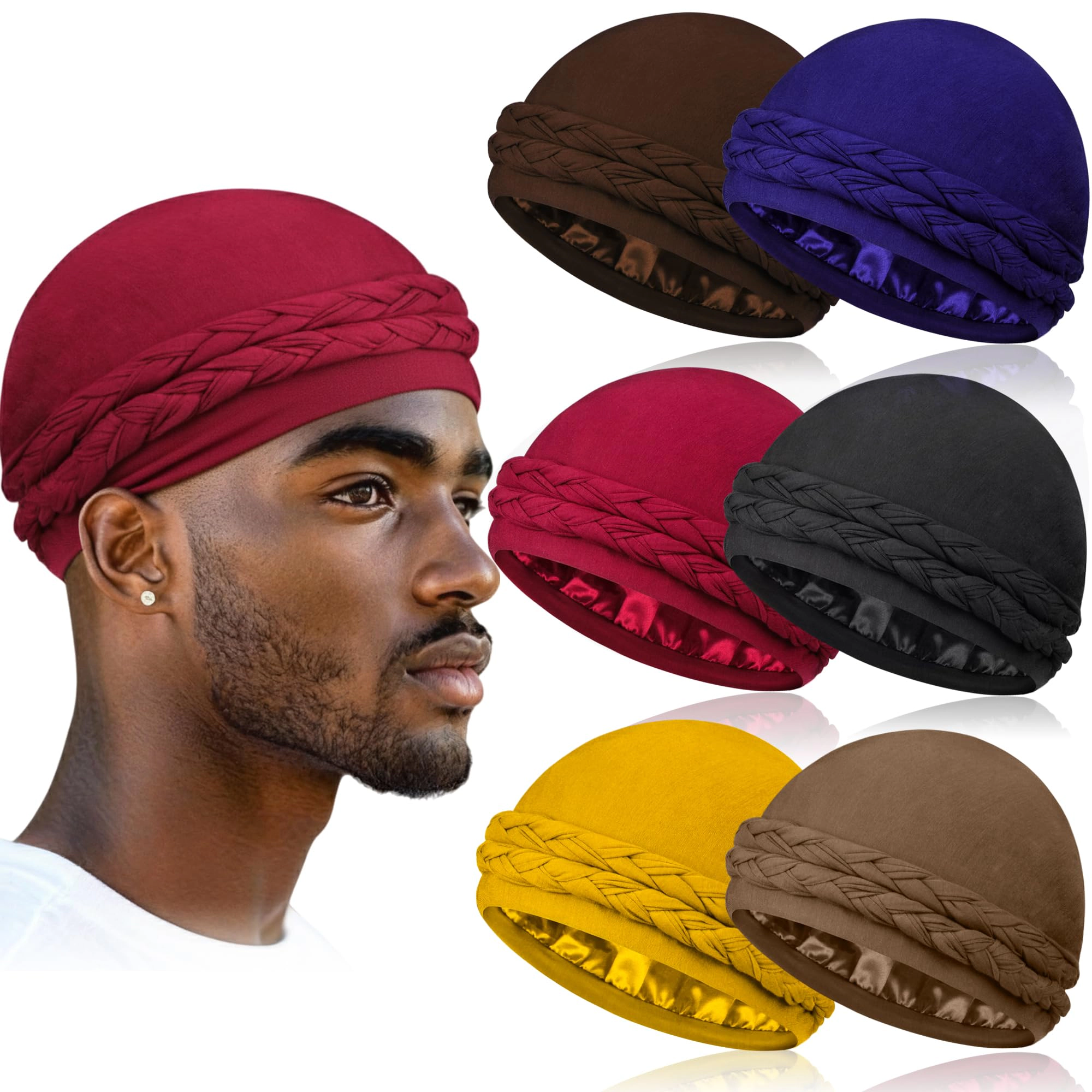 PIGFDK 6 Pack Satin Lined Turbans For Men  Silky Mens Turban Durag Waves Br& Hair Care
