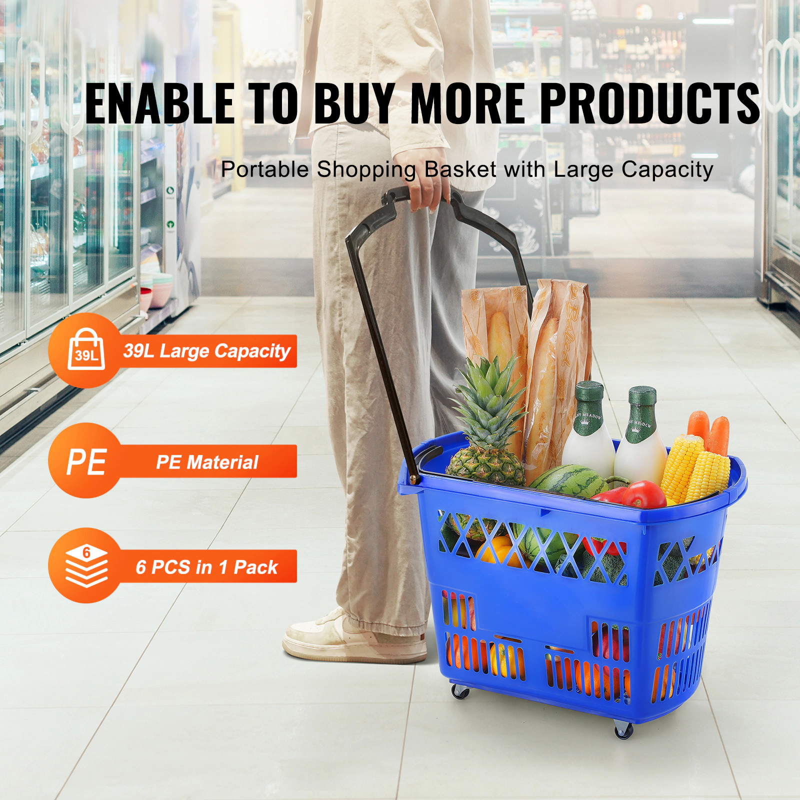 HONGGE Shopping Baskets 6PCS 39L Carts with Handles Plastic Rolling Basket Wheels Large Portable