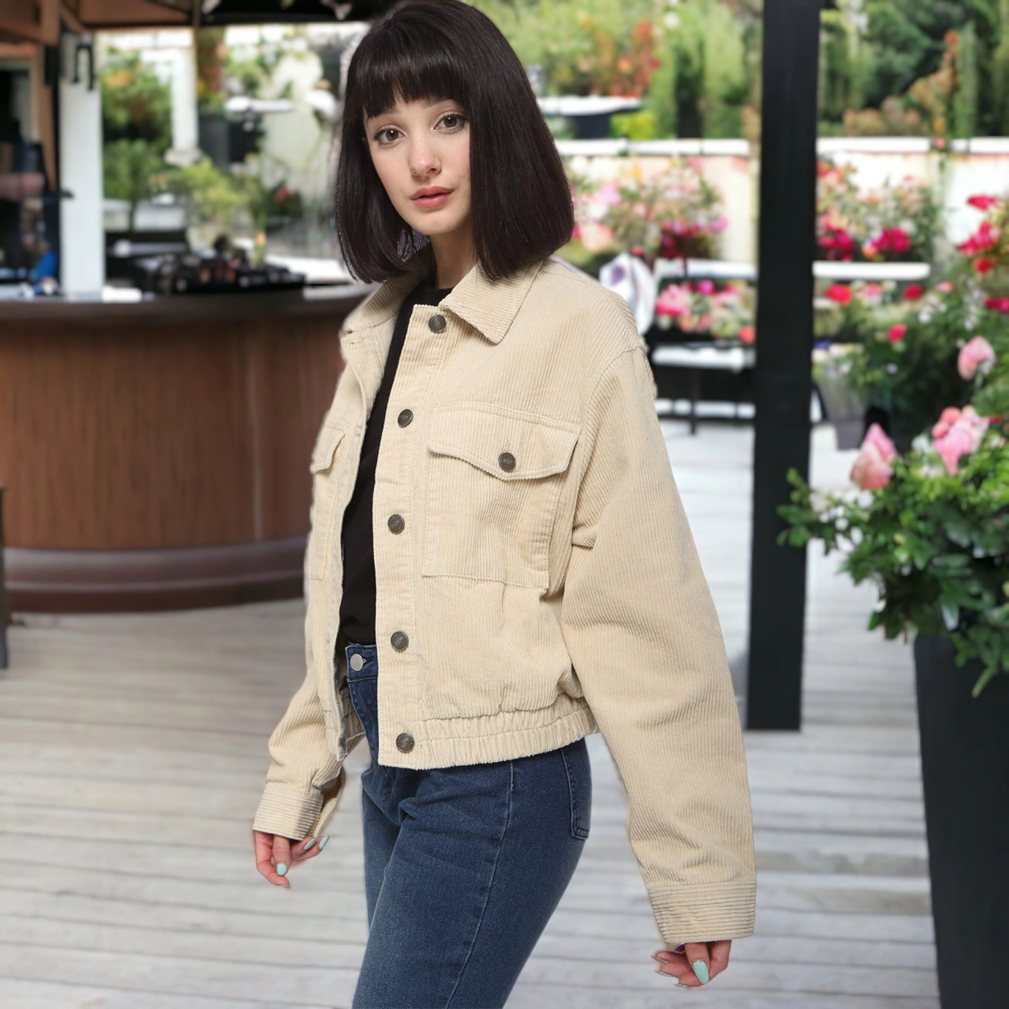 Anna-Kaci Women's Corduroy Collared Long Sleeve Button Down Jacket for Everyday Casual Wear