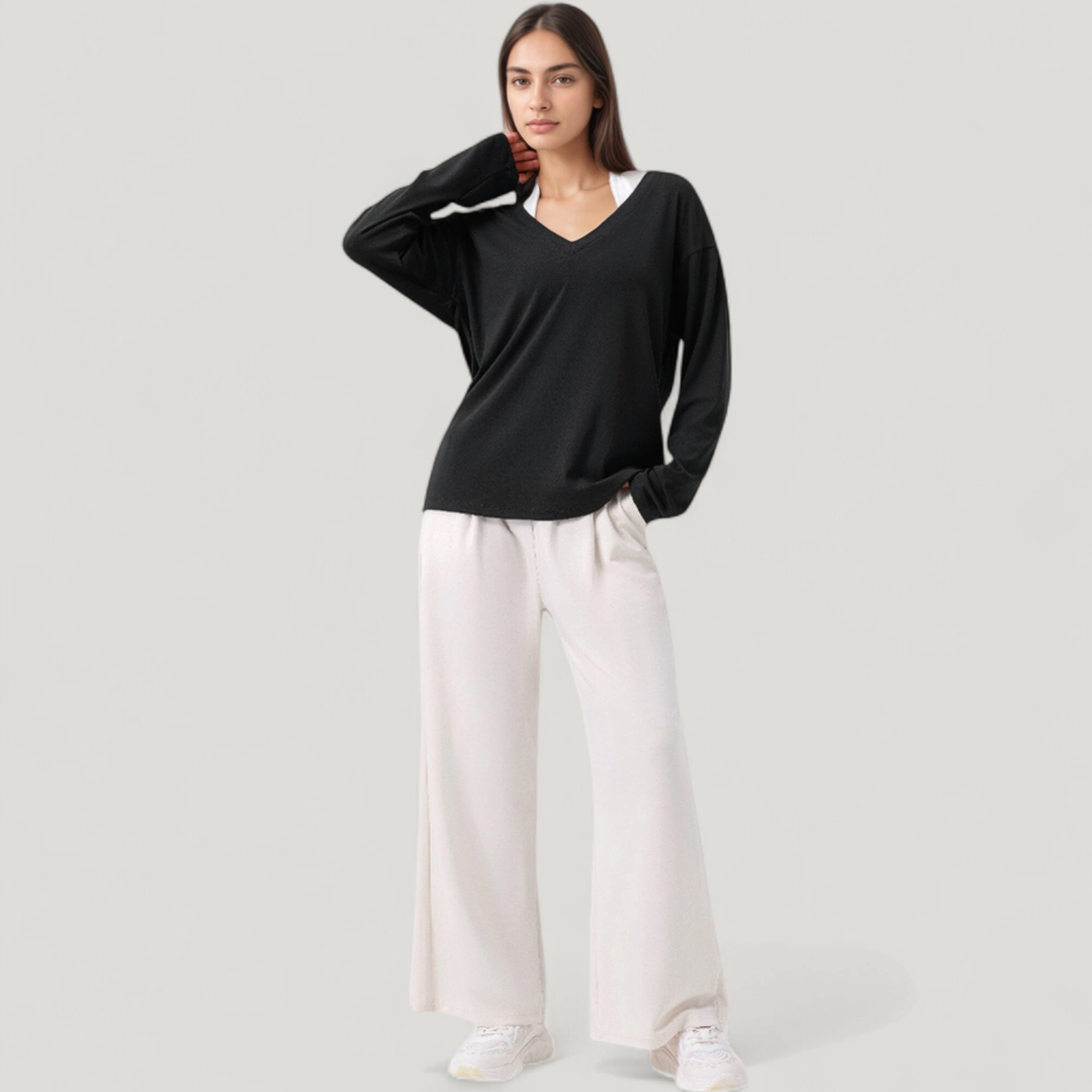 Anna-Kaci Women's Long Sleeve V-Neck Pullover Top with Relaxed Fit and Drop Shoulder Design
