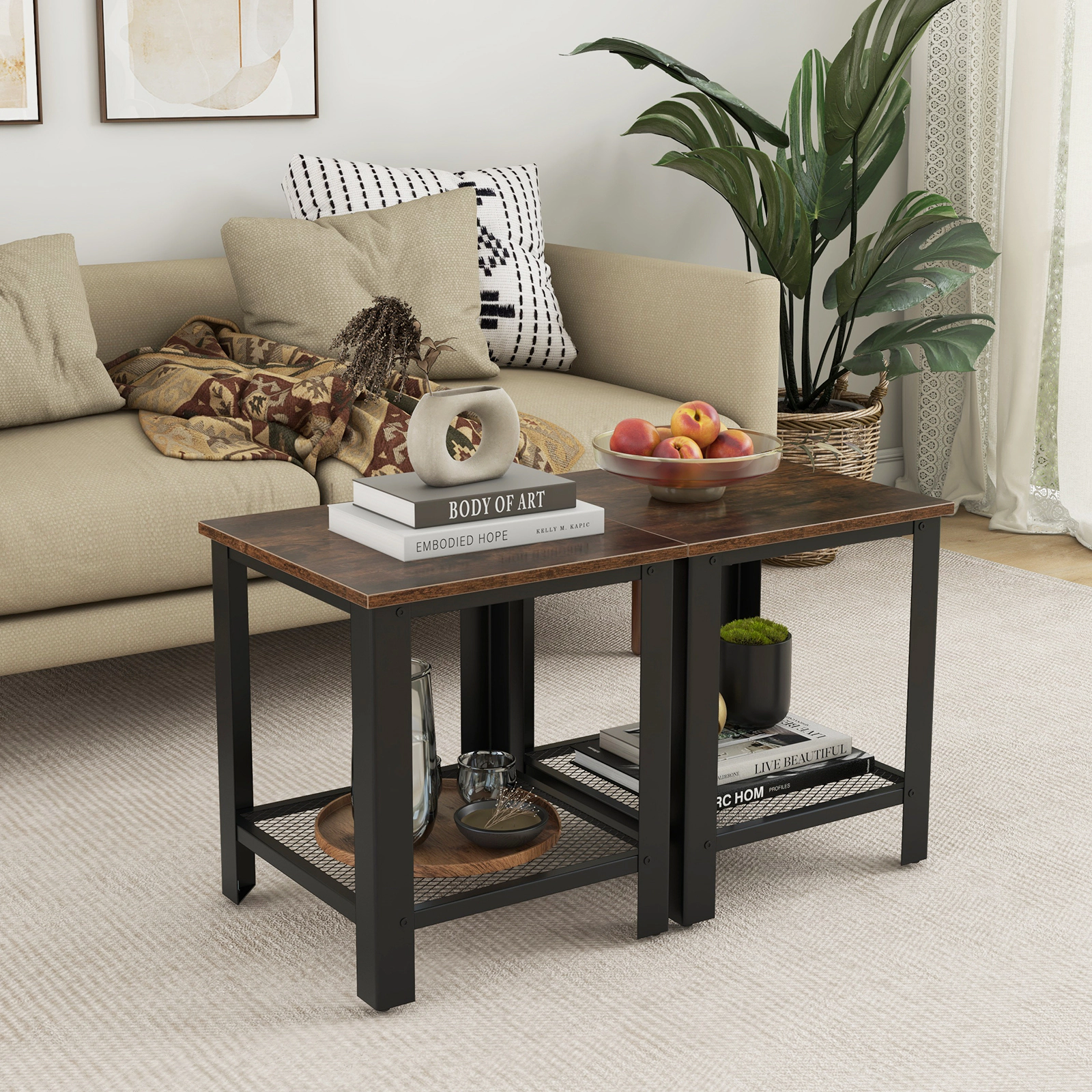 Slickblue Industrial End Table with Lower Mesh Shelf for Living Room Bedroom