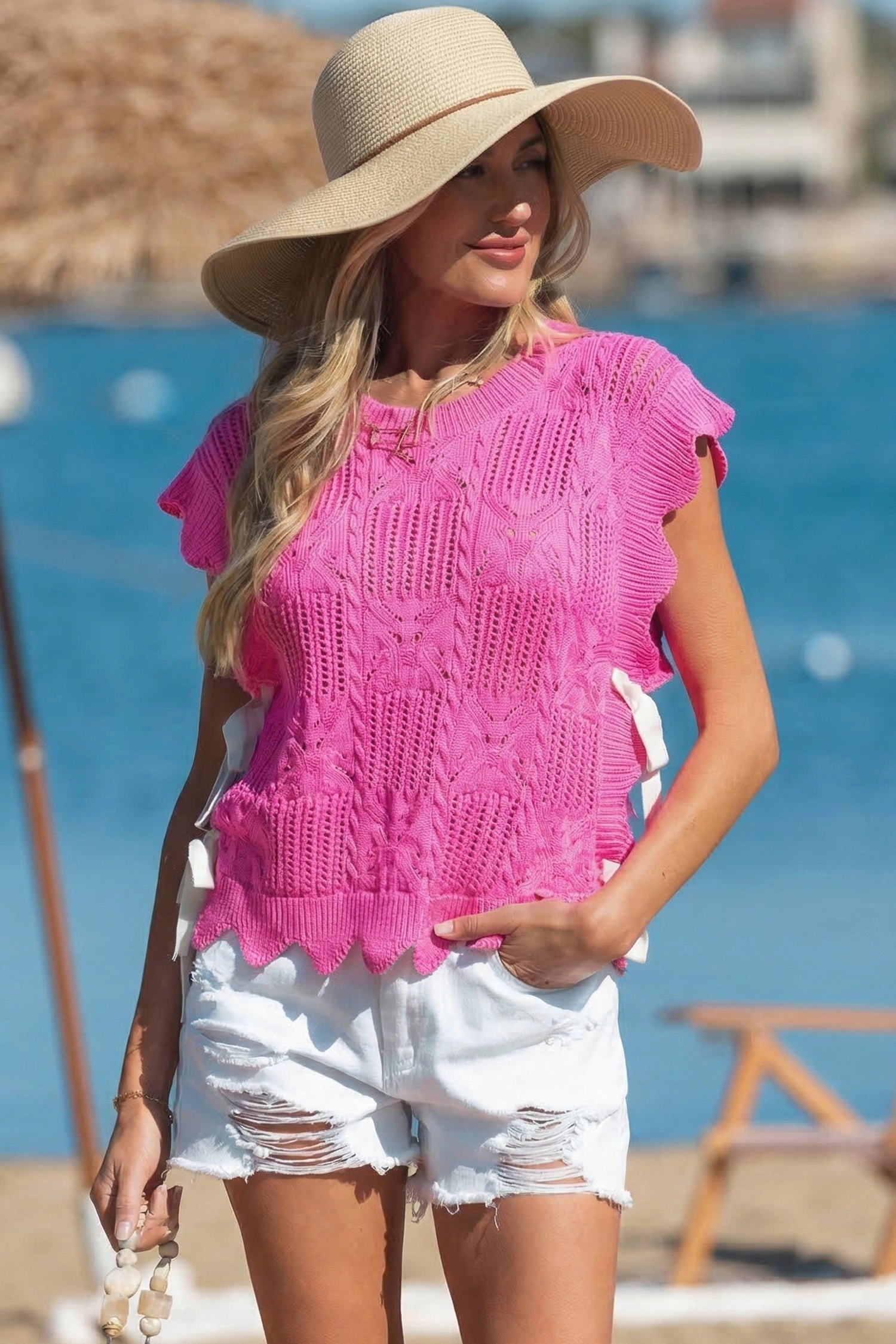 Threaded Pear Ainara Pointelle Scalloped Short-Sleeve Sweater - Bonbon