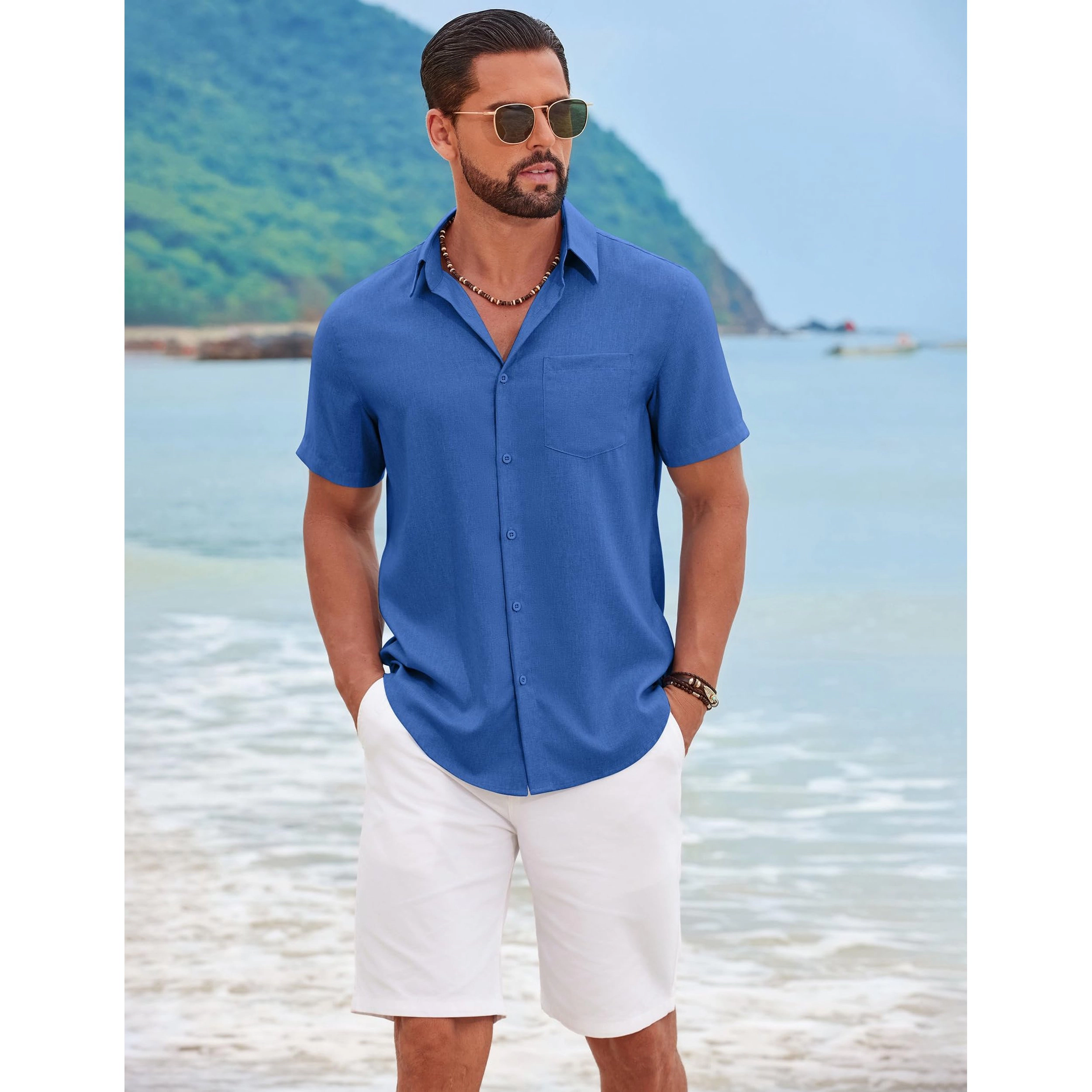 COOFANDY Mens Short Sleeve Button Down Shirt  Lapel Collar Pocket Casual Tops