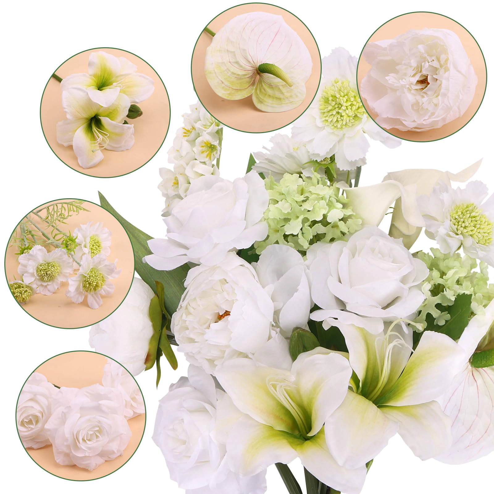 PUPWE White Flowers Realistic Silk Bouquet For Wedding Bridal Bouquets Table Centerpieces