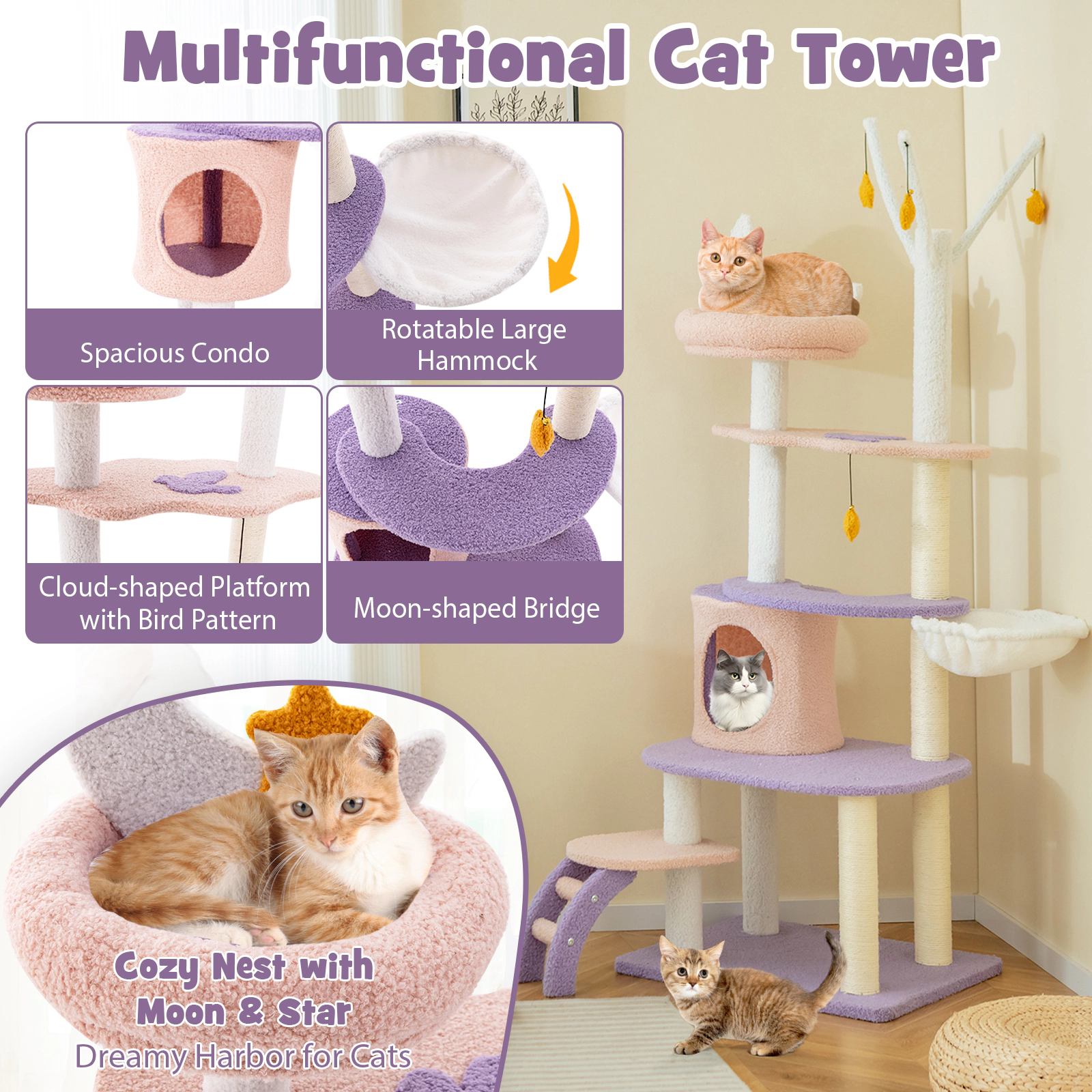 SUGIFT Multi-level Cat Tree Tower Sisal Covered Scratching Posts 33-lb Each Layer & 22-lb Hammock Capacity Purplish Pink