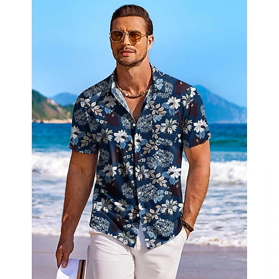 COOFANDY Mens Hawaiian Shirts Short Sleeve Tropical Print Button Down Casual Tops