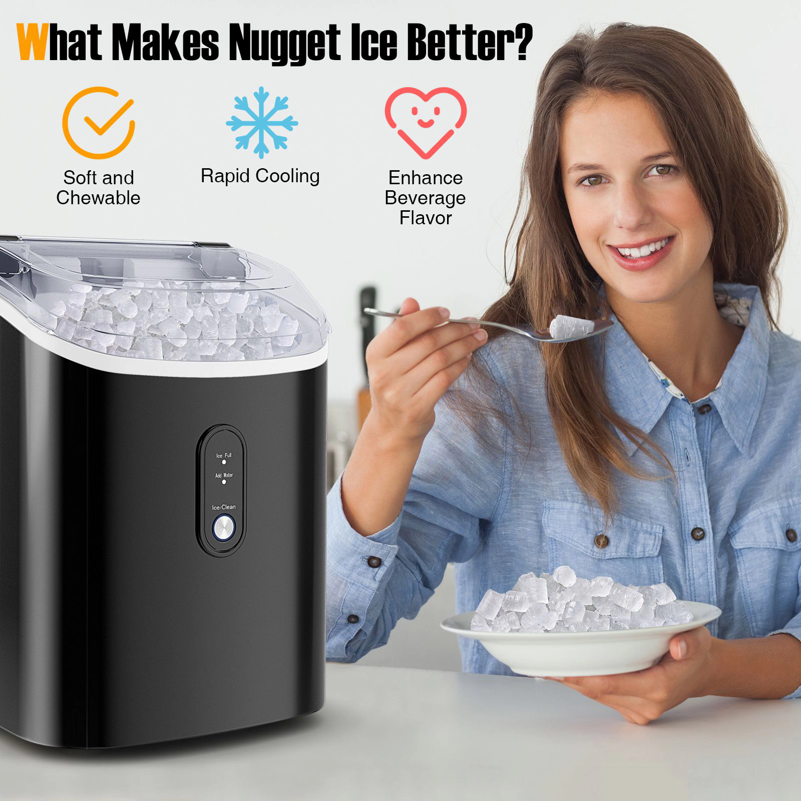 SlickBlue Black Silver Stainless Steel Nugget Ice Maker, 34 Lbs Daily