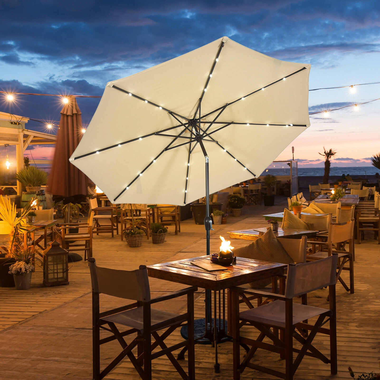 SUGIFT 10-ft Solar LED Lighted Patio Market Umbrella with Crank Lift Push-Button Tilt 24 Lights 10-ft Canopy Beige