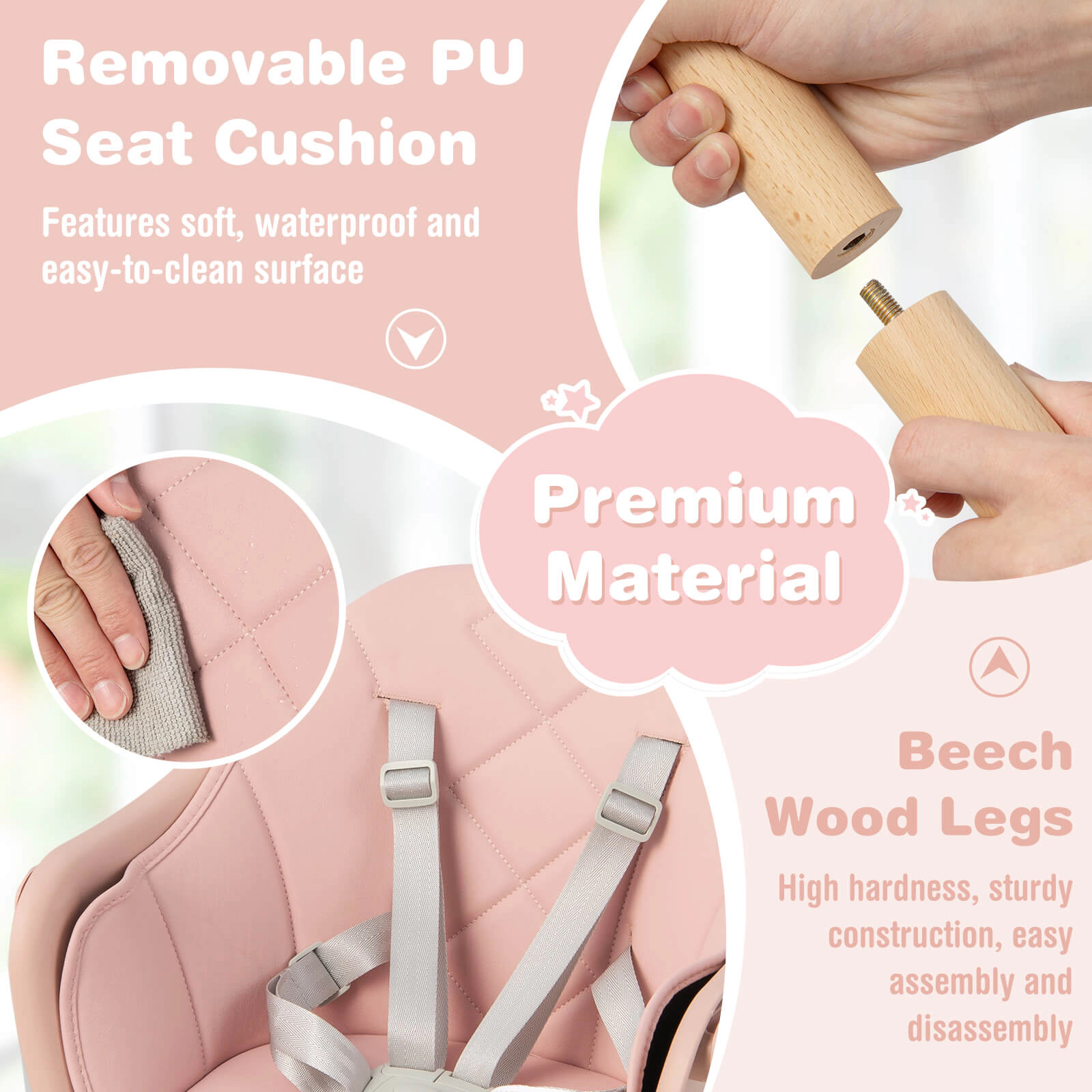 6-in-1 Convertible Baby High Chair with Dishwasher-Safe Double Tray and 5-Point Harness for Babies and Toddlers in Pink
