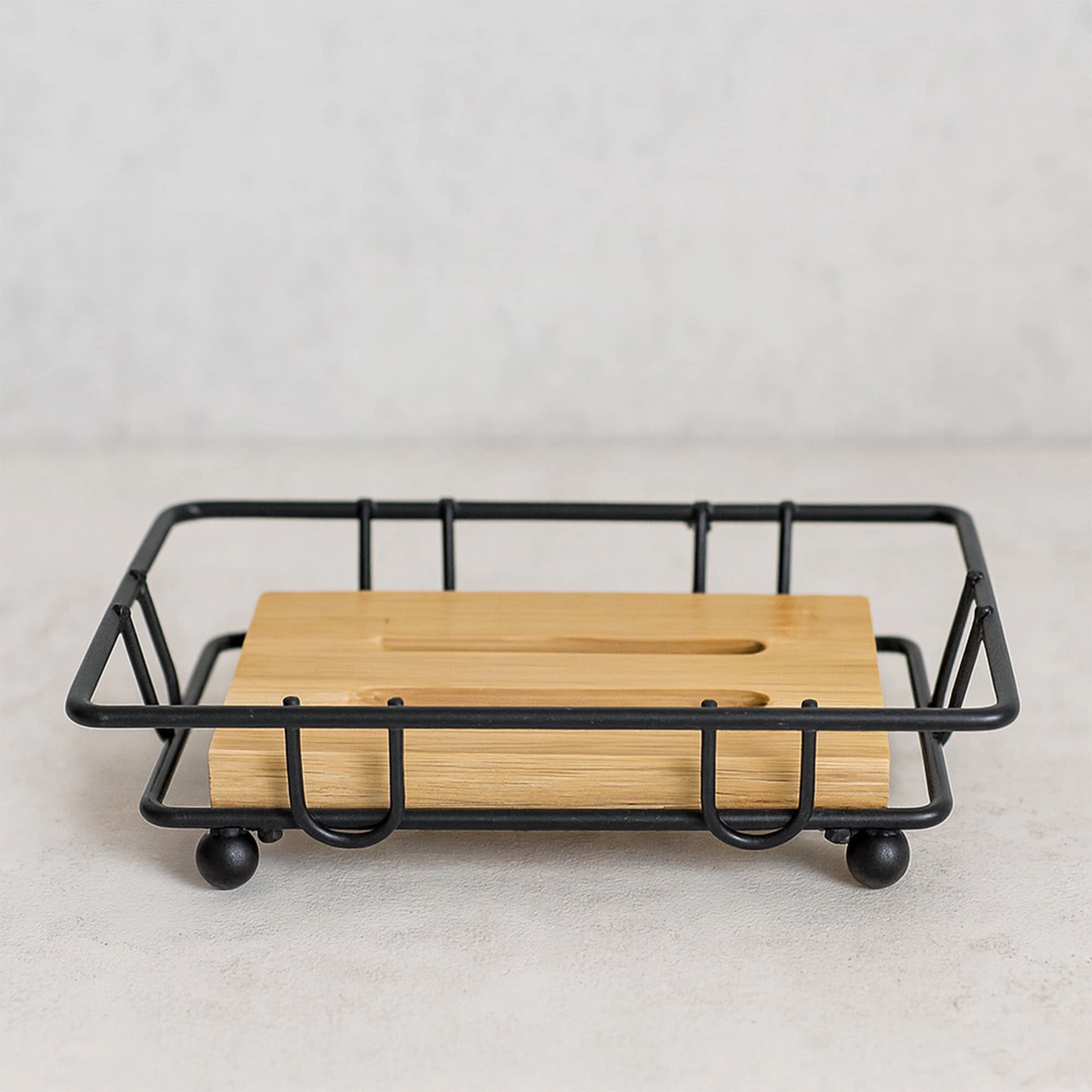 Evideco French Home Goods Bamboo Soap Dish with Removable Black Wire Cradle