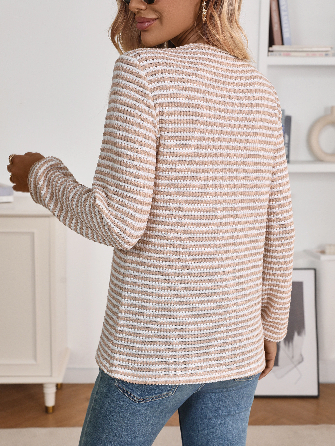 Enchanted Funland Womens Striped Henley Button Long Sleeve Knit Tops