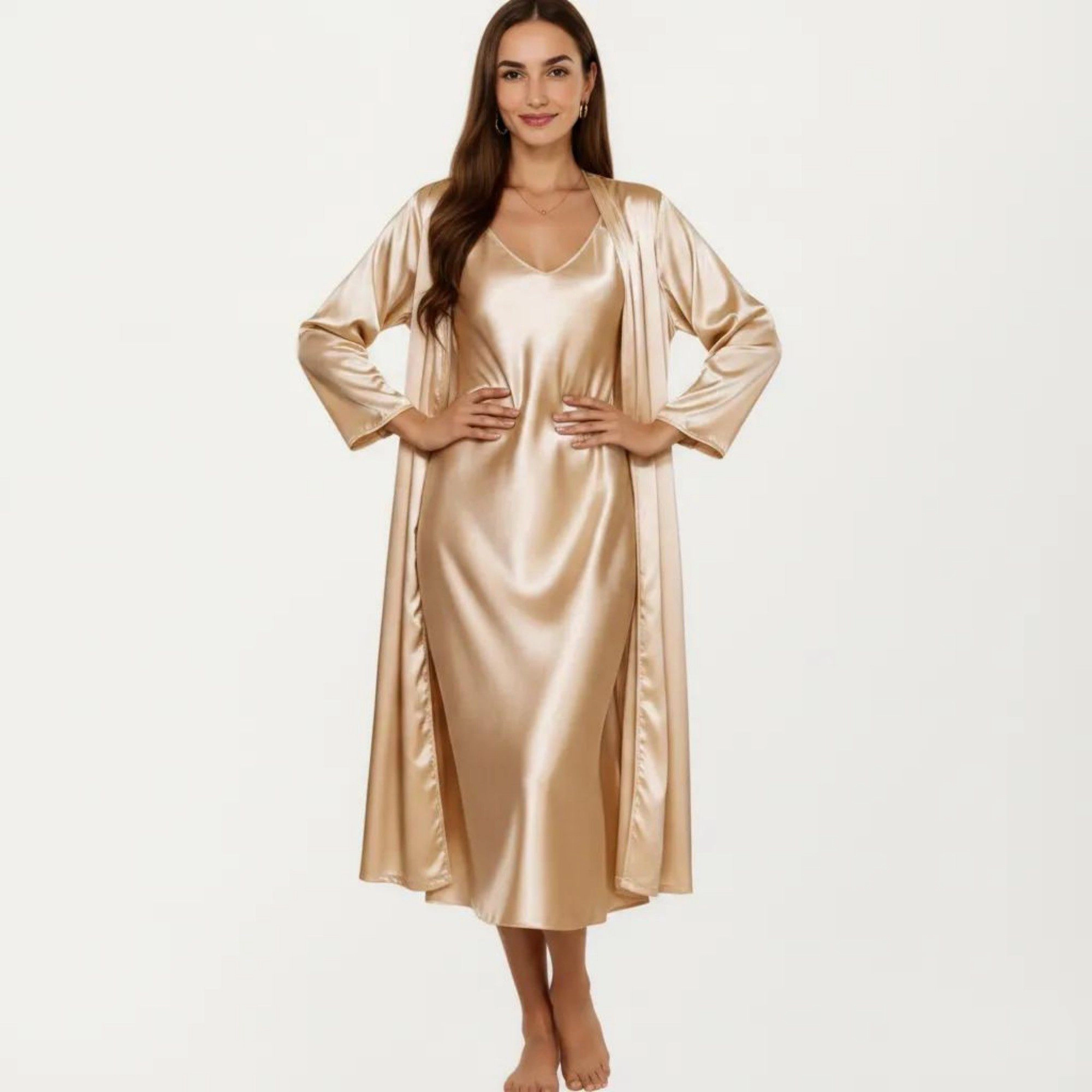 Anna-Kaci Women's 2-Piece Satin Sleepwear Slip Dress with Matching Long Sleeve Robe Lightweight Silky Pajama Set