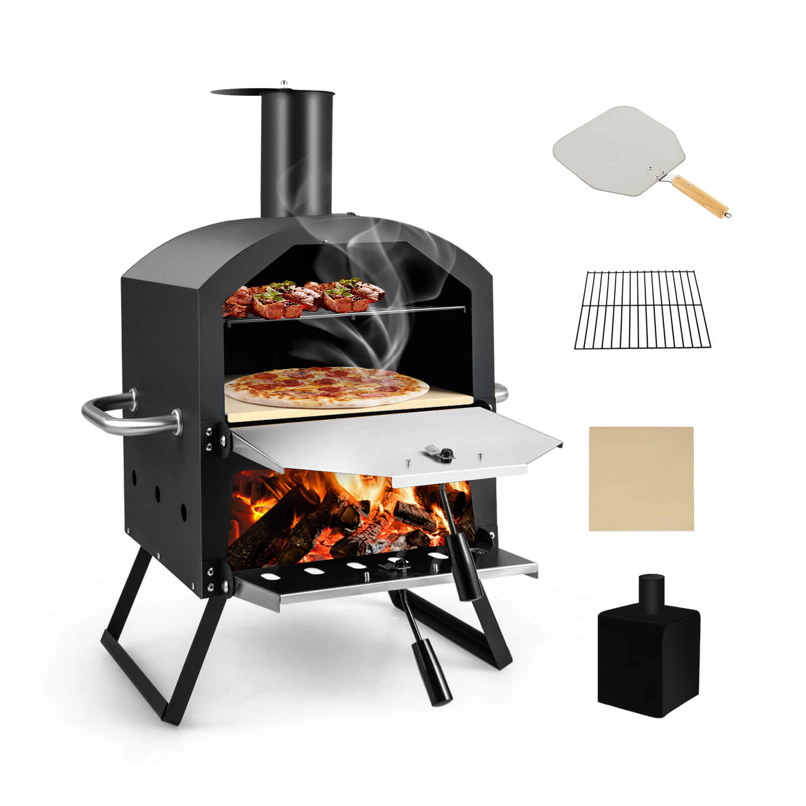 SUGIFT 2-Layer Black Outdoor Pizza Oven with 12-in Pizza Stone Foldable Legs and Anti-Scalding Handles