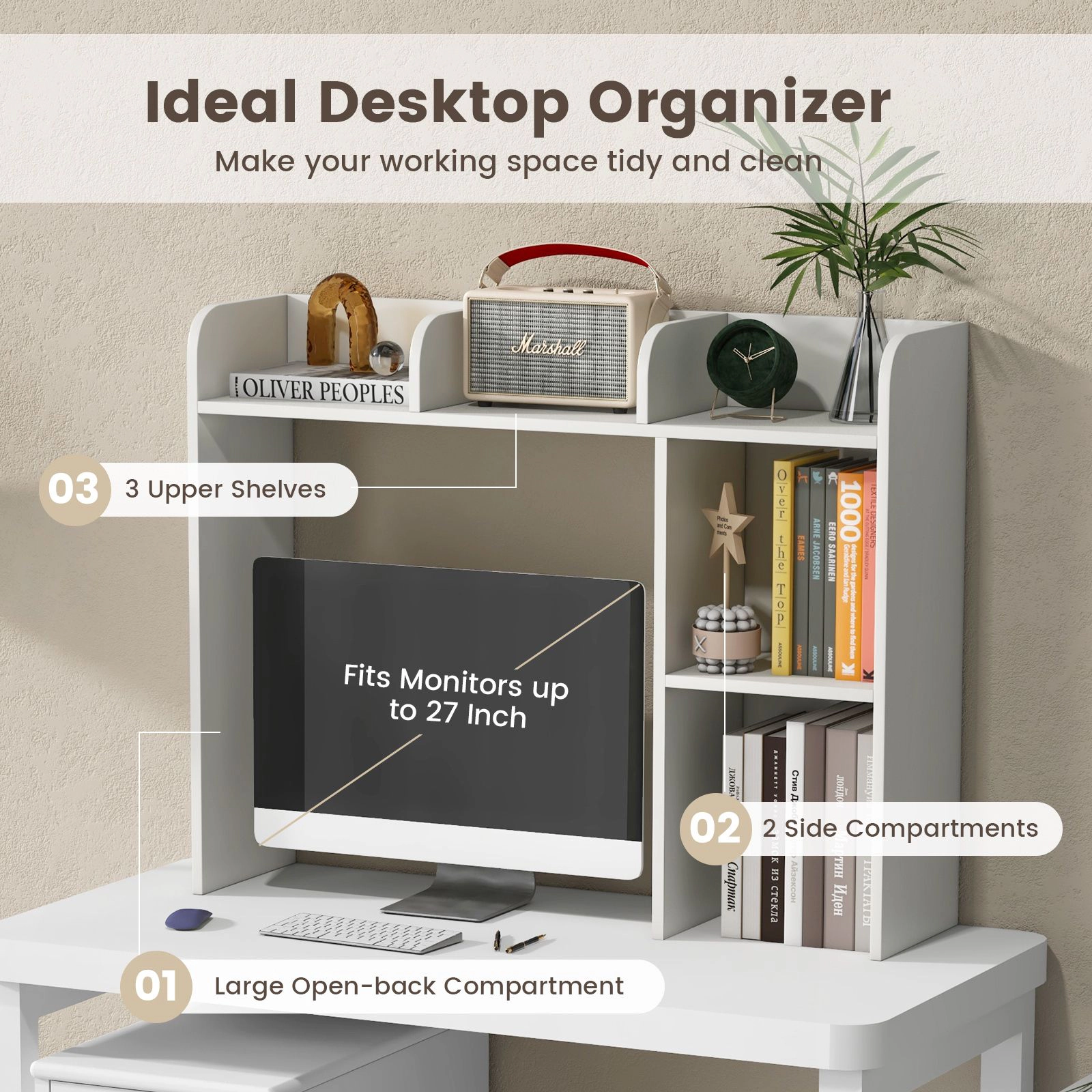 SlickBlue Desk Bookshelf With 3 Storage Shelves And Compartments