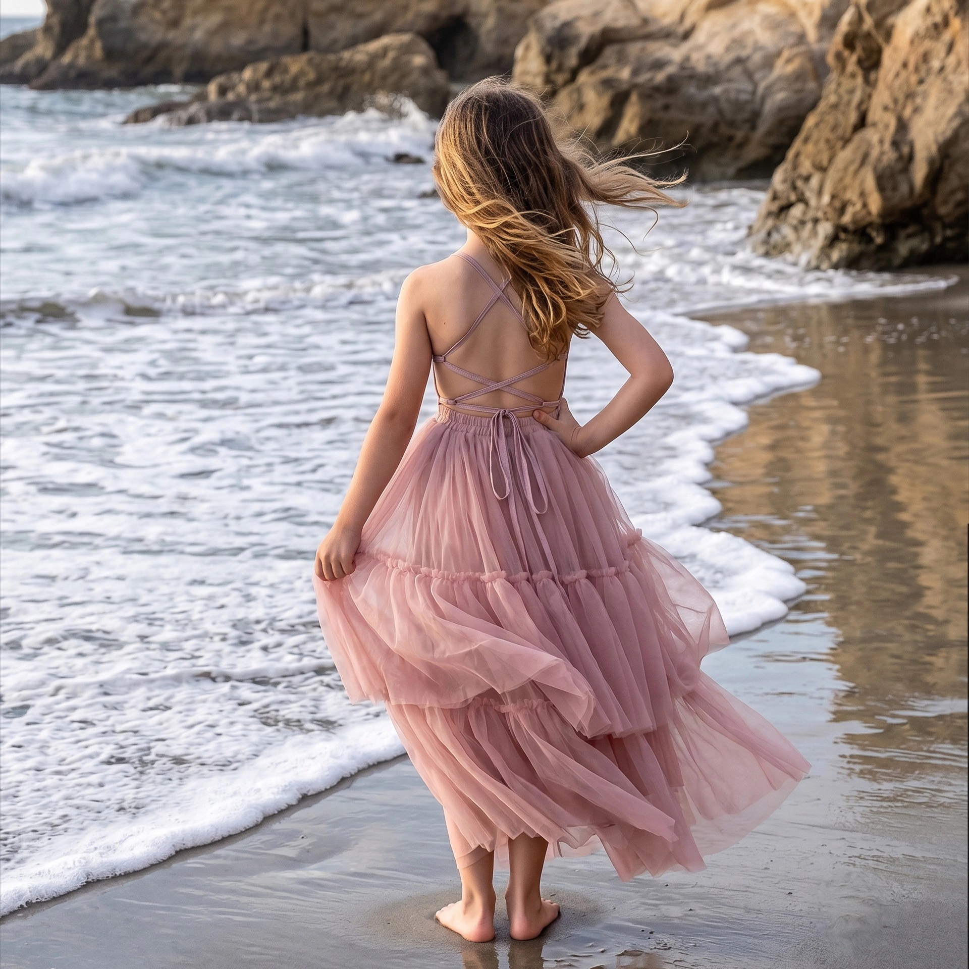 2Bunnies Girls Boho Tiered Tulle Maxi Dress with Crisscross Open Back