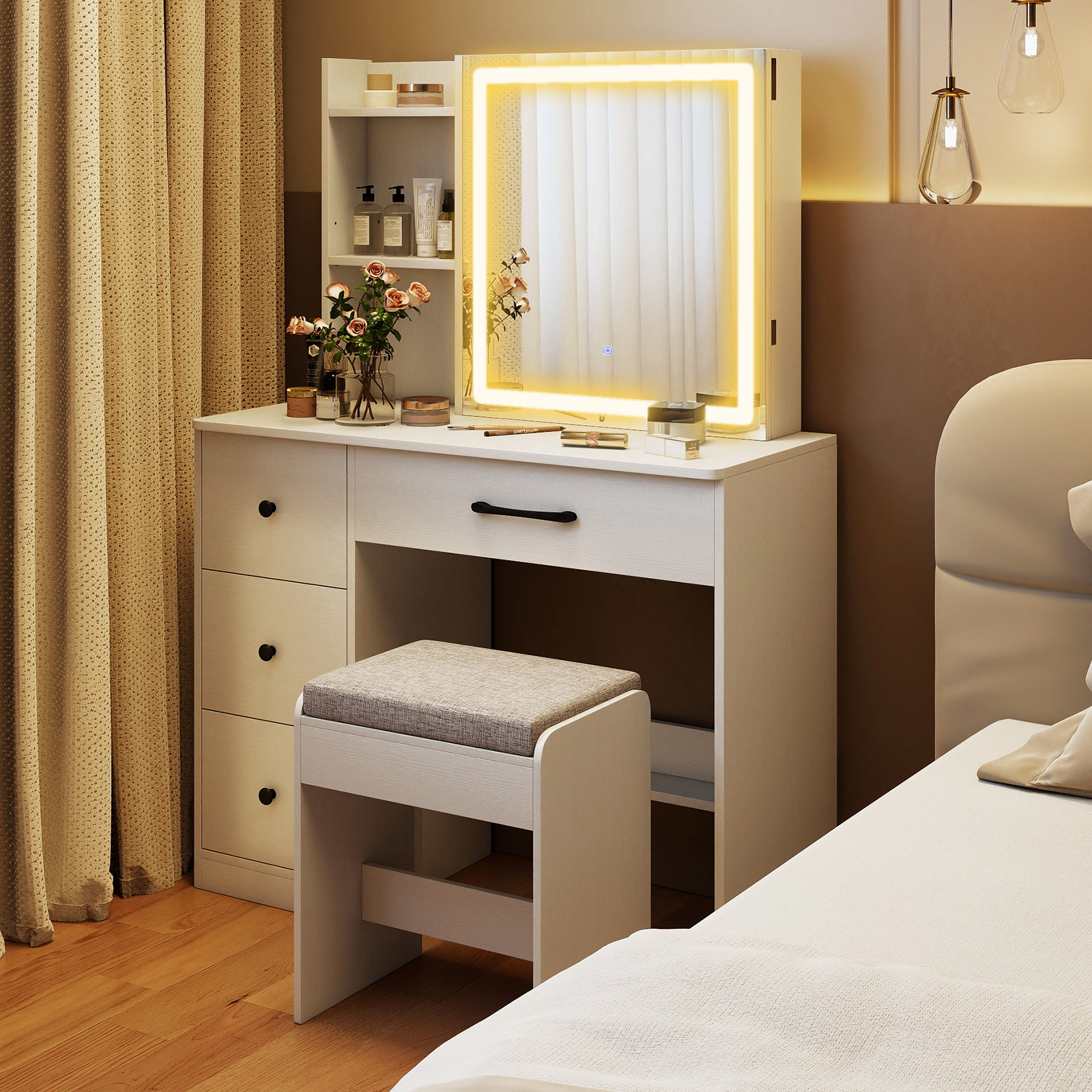 SUGIFT Vanity Desk White with Sliding Mirror Lights Stool and 4 Drawers