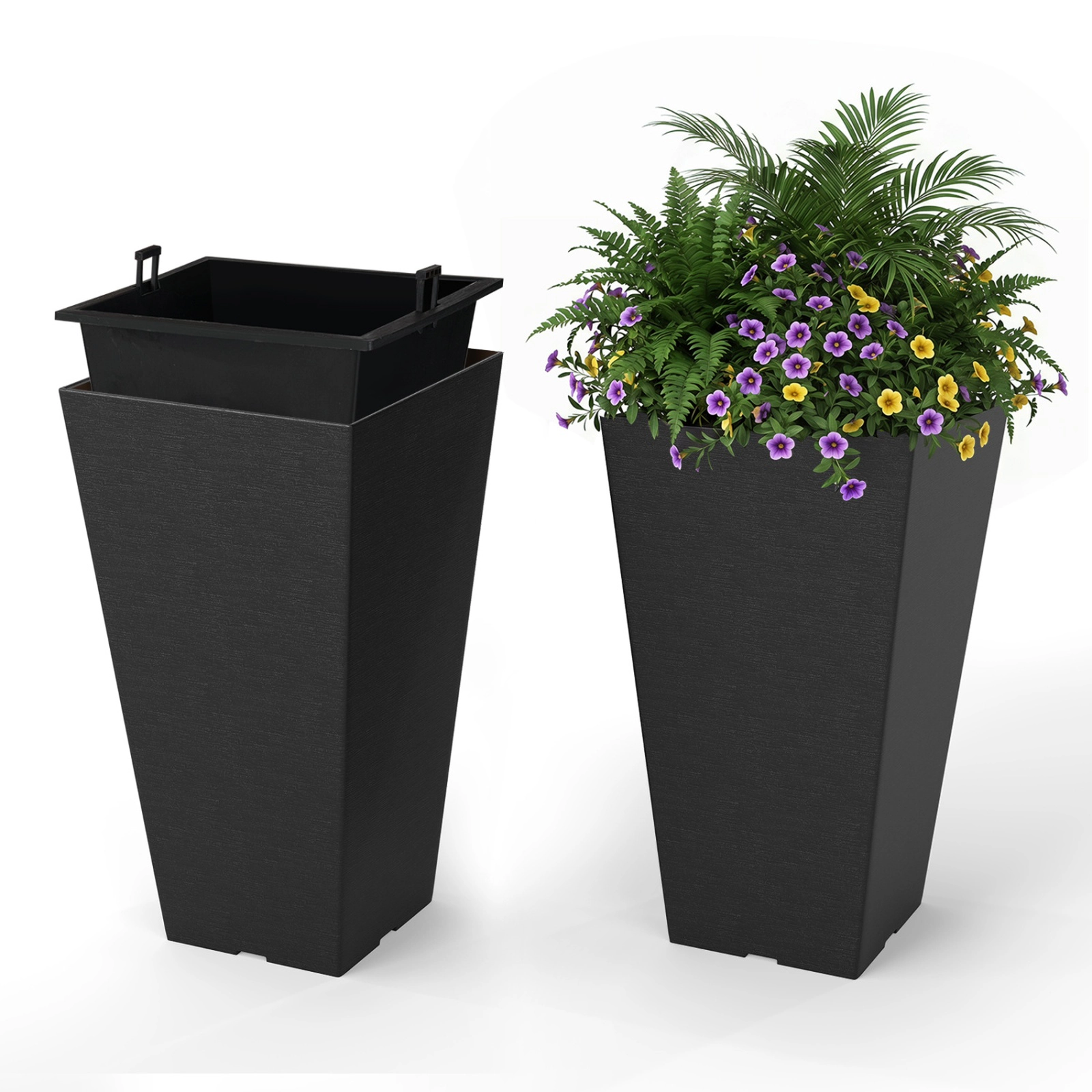 SUGIFT 22.5-in Tall Self-Watering Square Planter with Removable Inner Bucket Flower Pot Set Brown/Black
