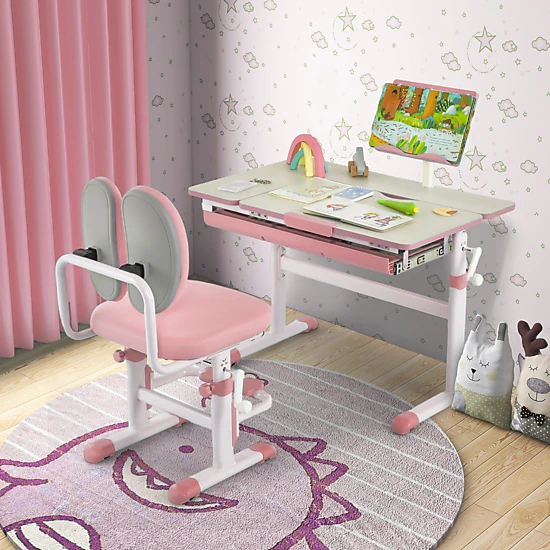 SUGIFT Pink Kids Desk, Height-Adjustable 20 to 28.8 in, 7-Level Tilt Top, Book Stand and Drawer