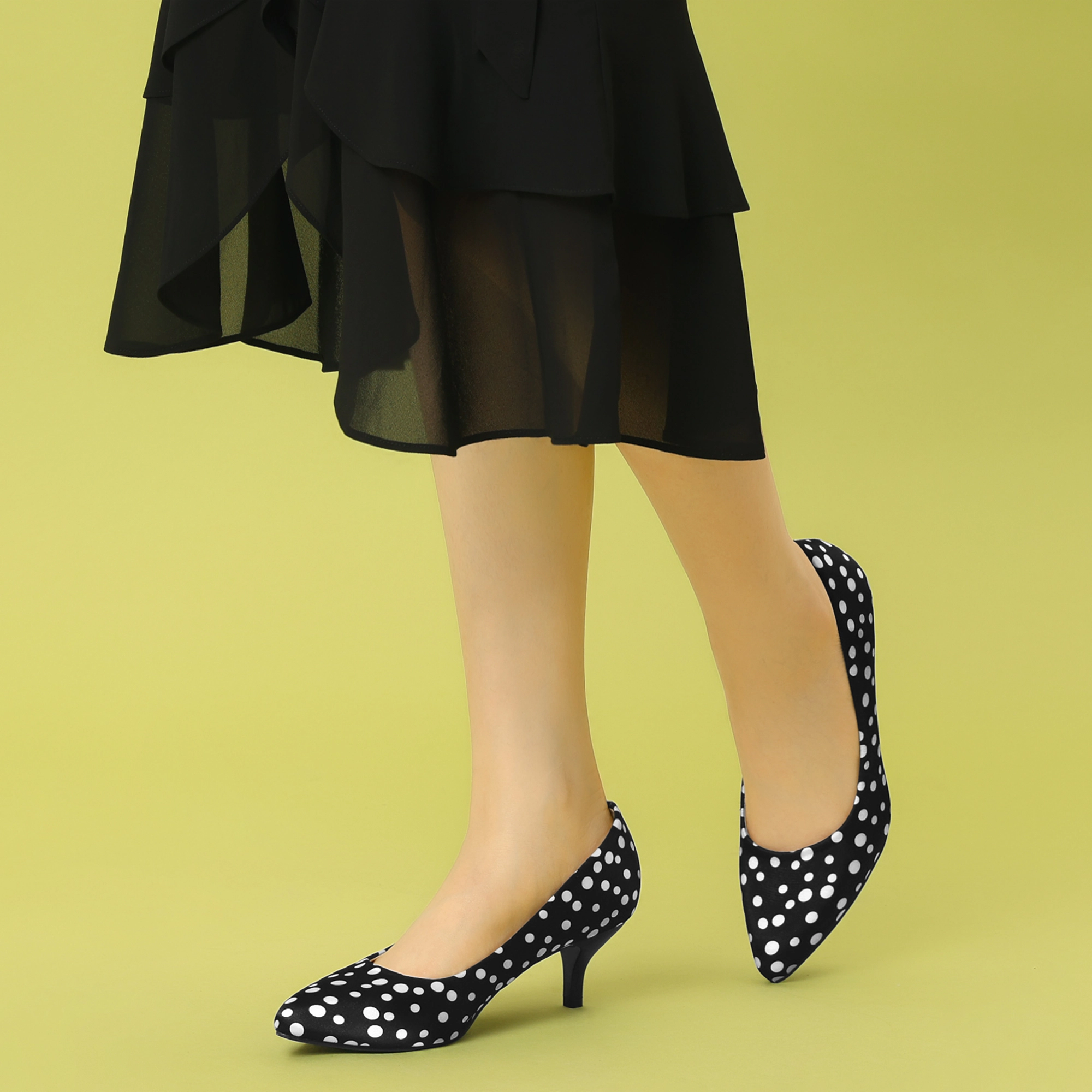 BLISSFUL STEP Women Satin Polka Dots Pointed Toe Kitten Heels Pumps