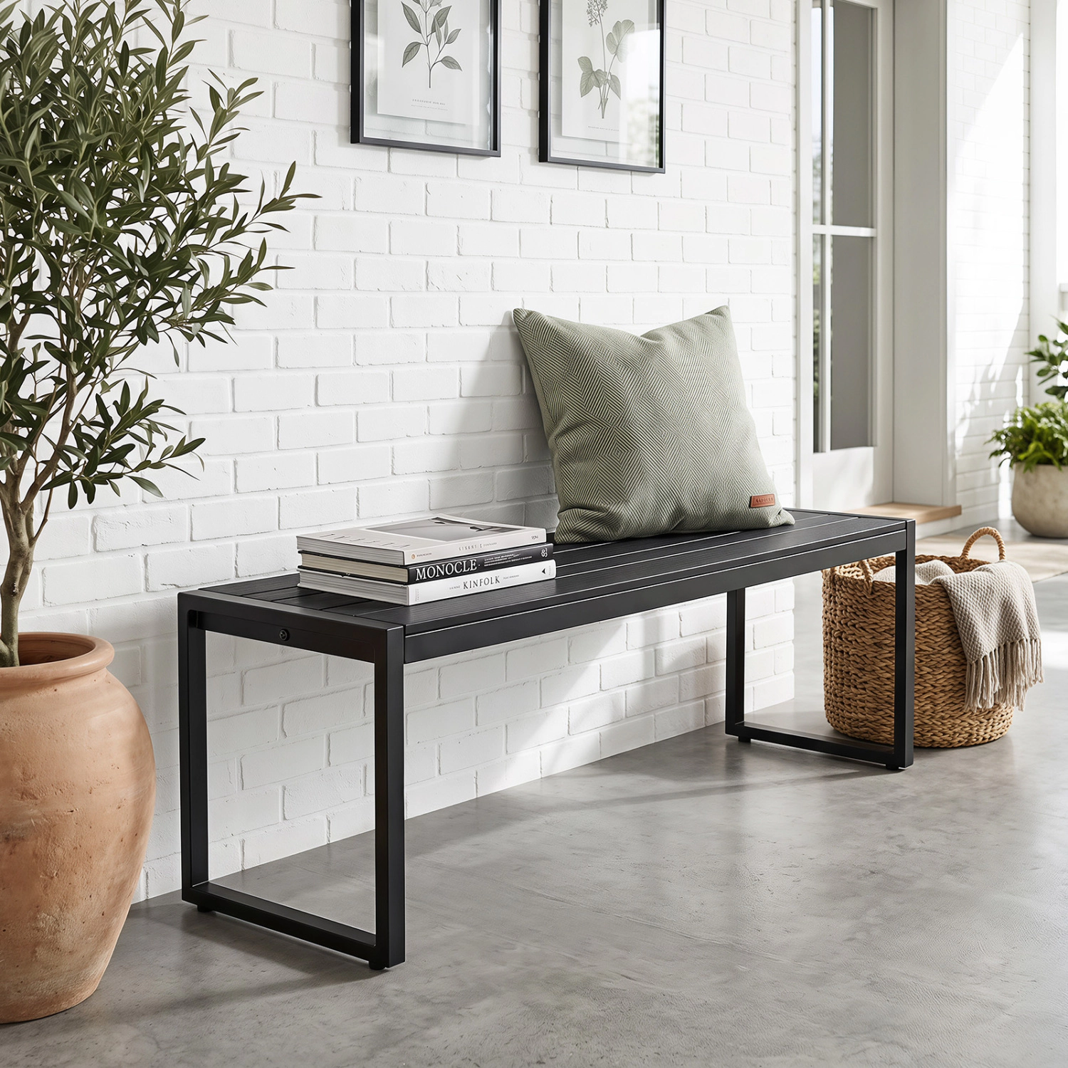 LJG 48" Outdoor Bench Set of 2 with Wood-Plastic Composite and Metal Frame Slatted Sea