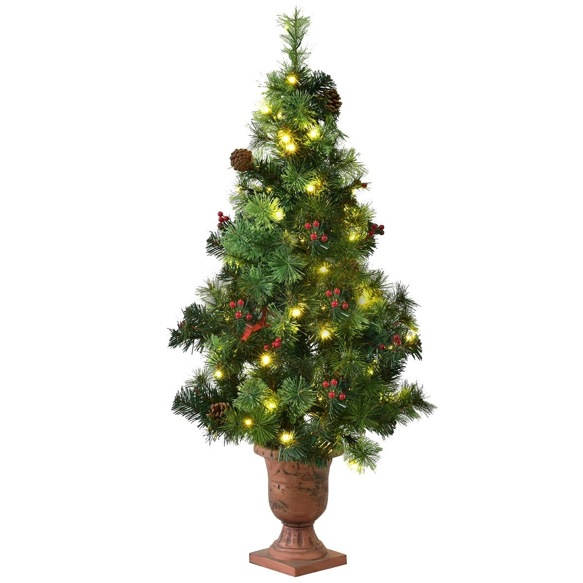 Glintex 4-Ft Pre-Lit Christmas Tree with Red Berries Pine Cones and 60 LEDs, Green
