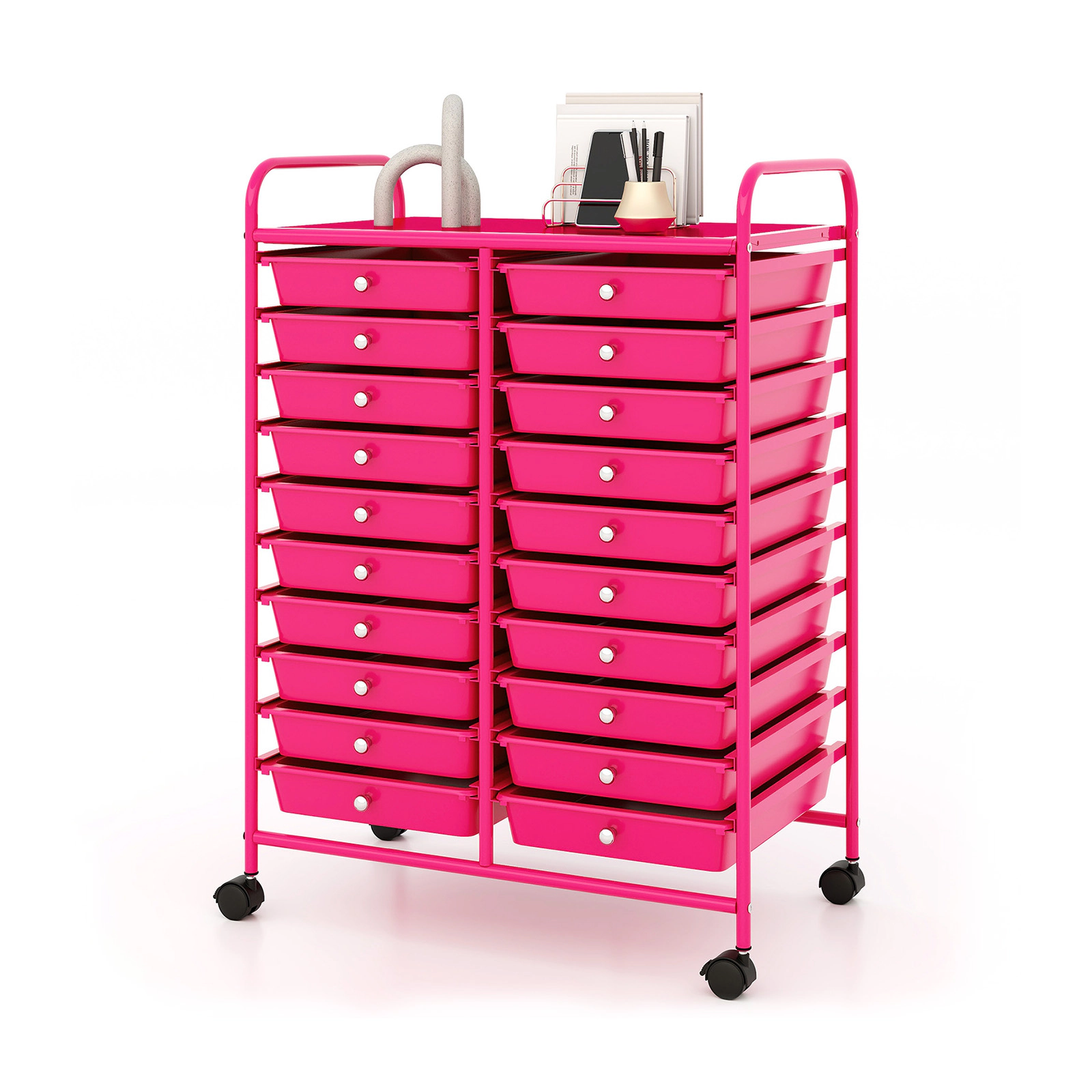 SUGIFT Pink 20-Drawer Rolling Storage Cart Organizer with Steel Frame Lockable Wheels and Top Shelf