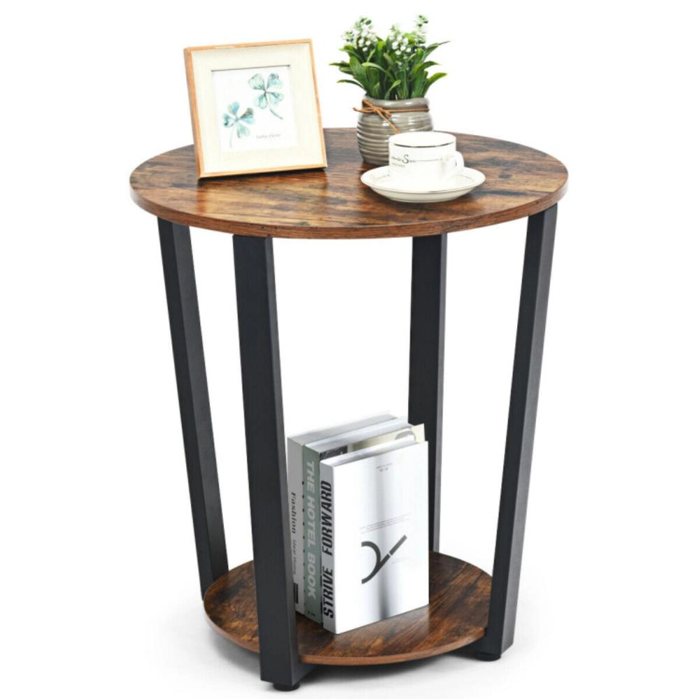 Hivvago 2-Tier Round End Table With Storage Shelf And Metal Frame