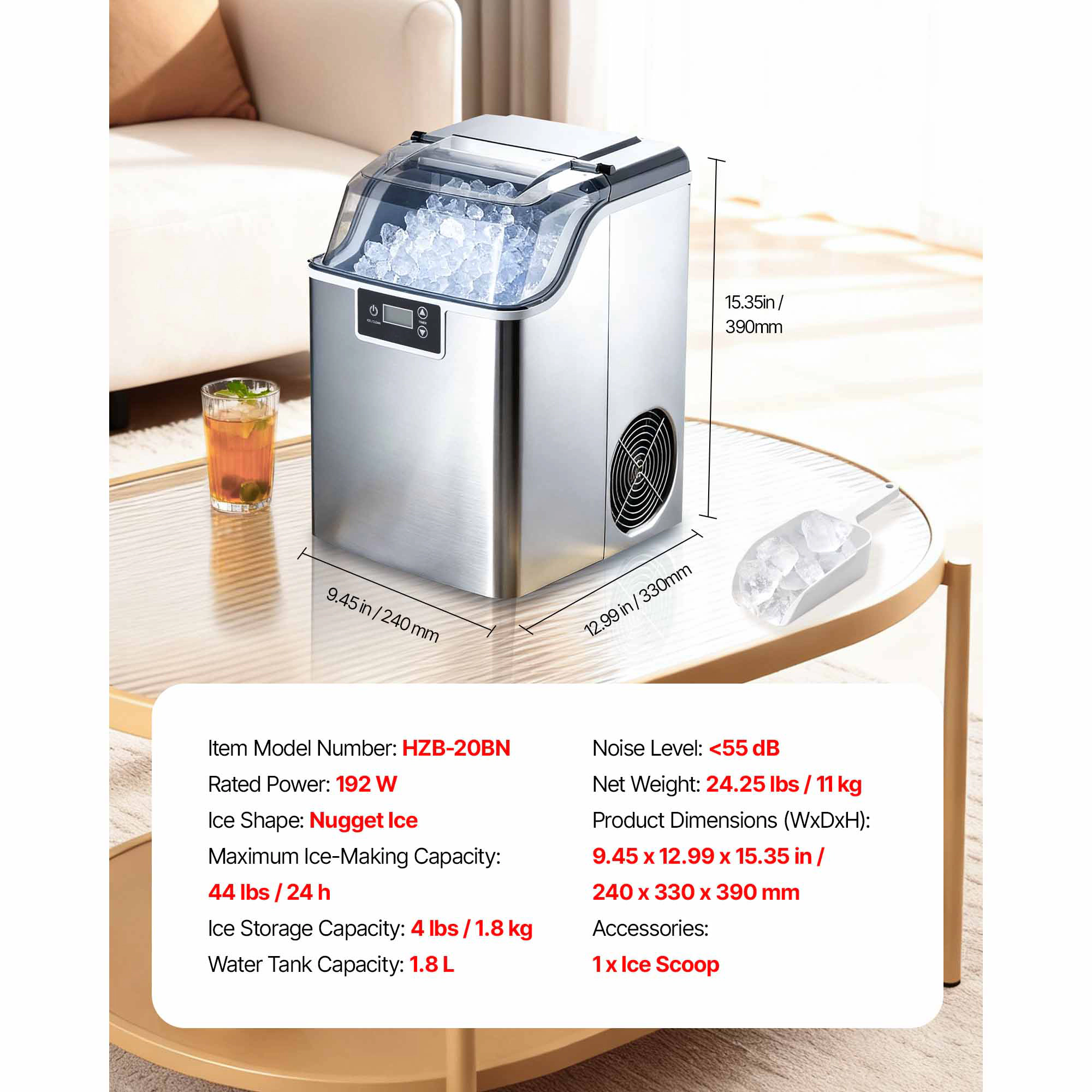 HONGGE Countertop Ice Maker Self-Cleaning Portable with Scoop for Home Kitchen Office Bar & Party
