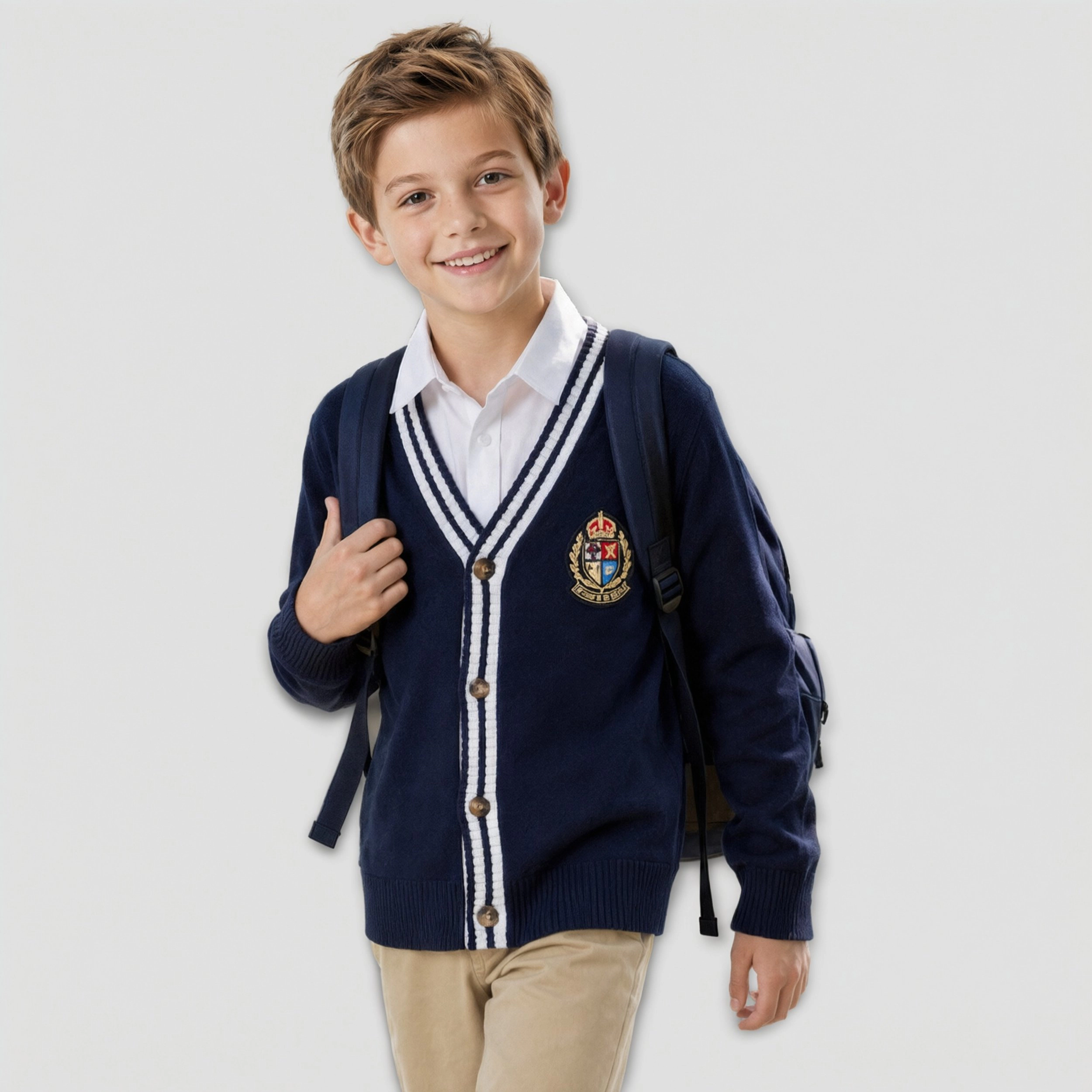 Arshiner Boy's V-Neck Button-Front Knit Cardigan with Embroidered Badge