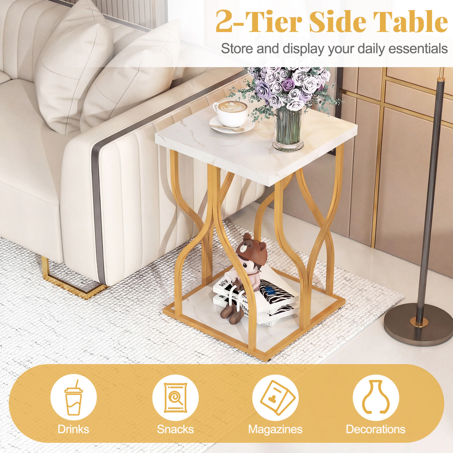 Hivvago Faux Marble Bedside Night Stand With Petal-Inspired Metal Frame