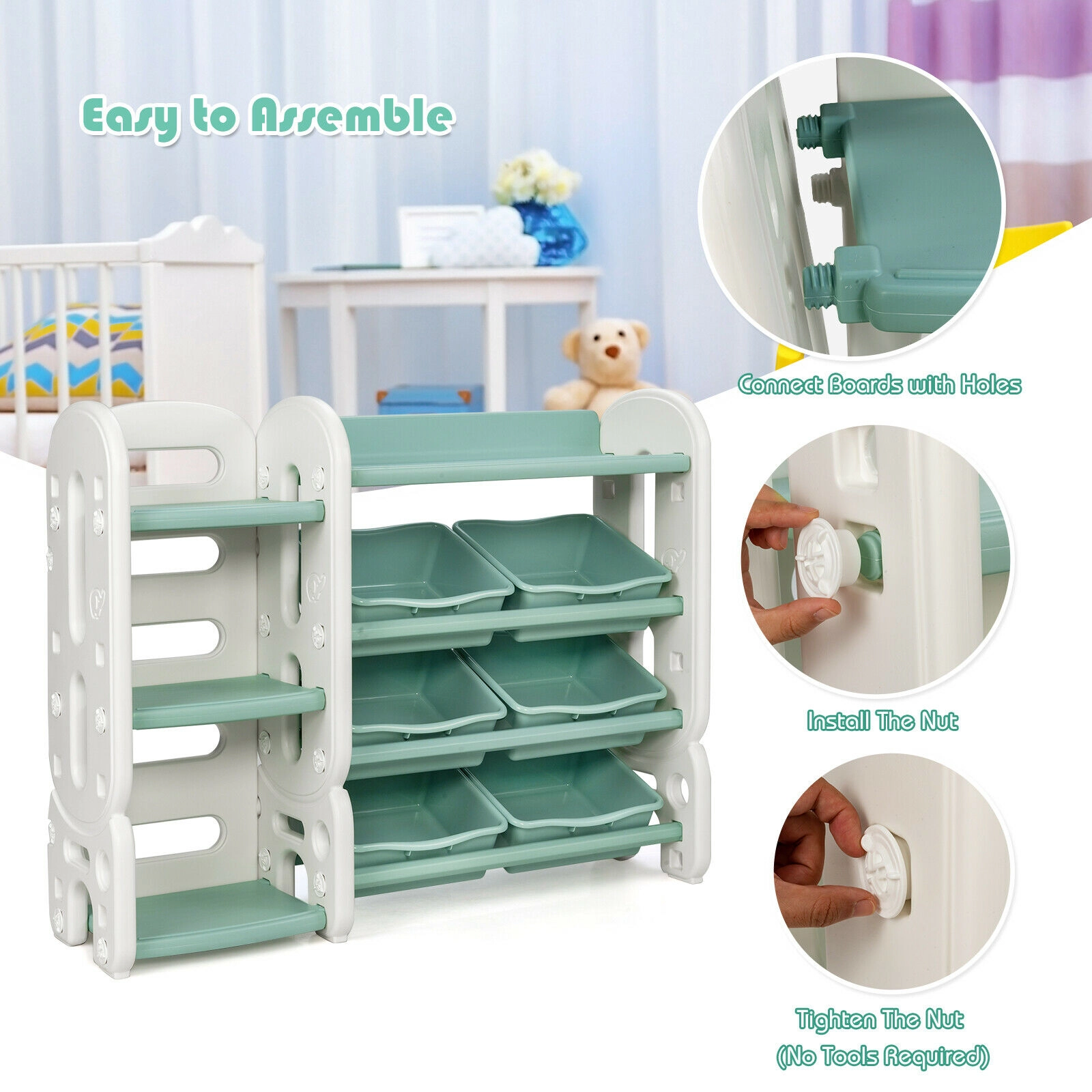 SUGIFT 44-lb Capacity 36-in HDPE Kids Toy Storage Organizer with 6 Tilted Bins and Multi-Layer Bookshelf