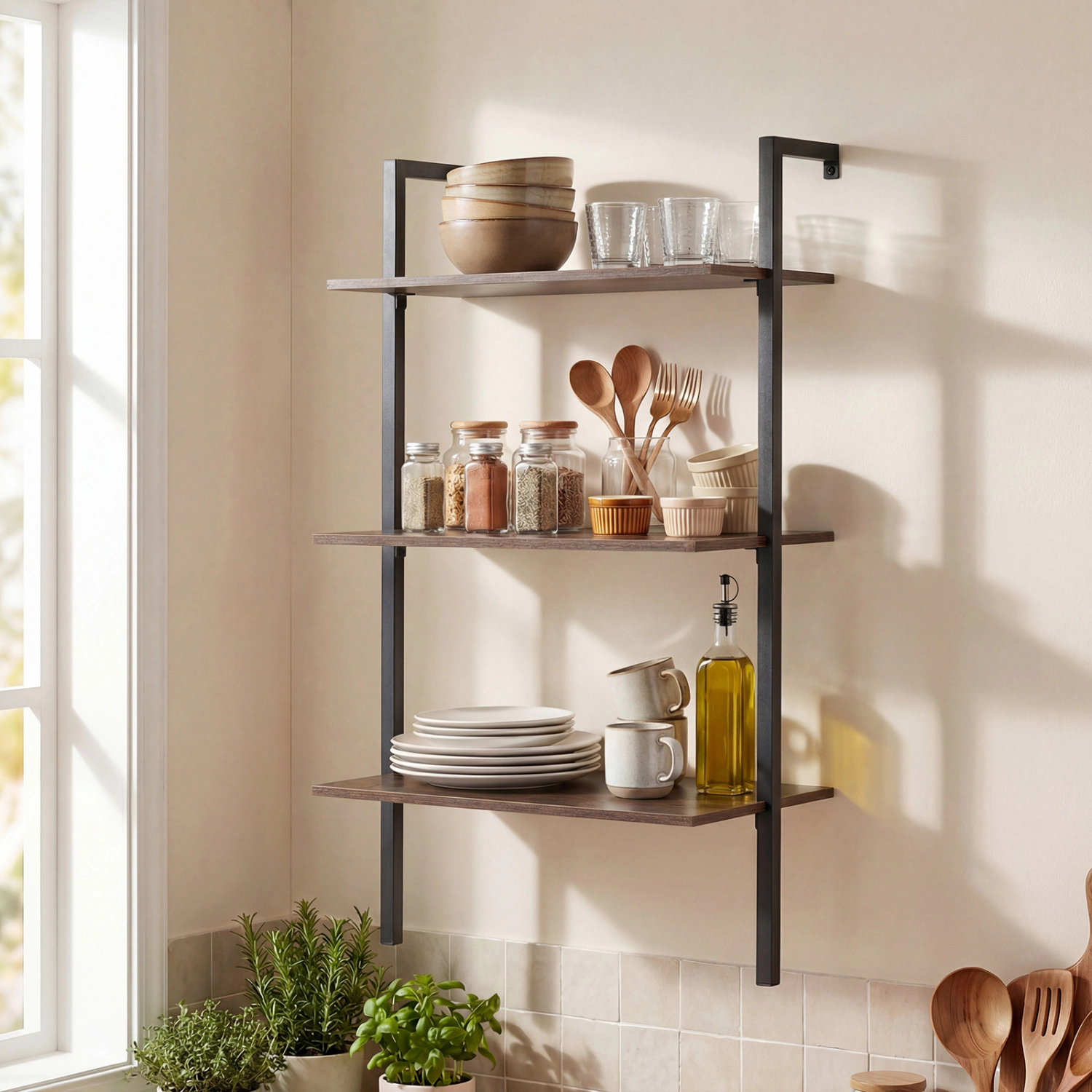 LJG 3-Tier Modern Wall Mounted Shelves Wooden Floating Shelving Unit Metal Ladder Bookshelf