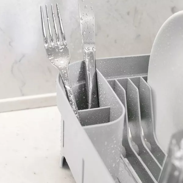 OU Dish Drying Rack for Kitchen Counter, Freestanding Plastic Strainer with Utensil Holder, Compact Drain