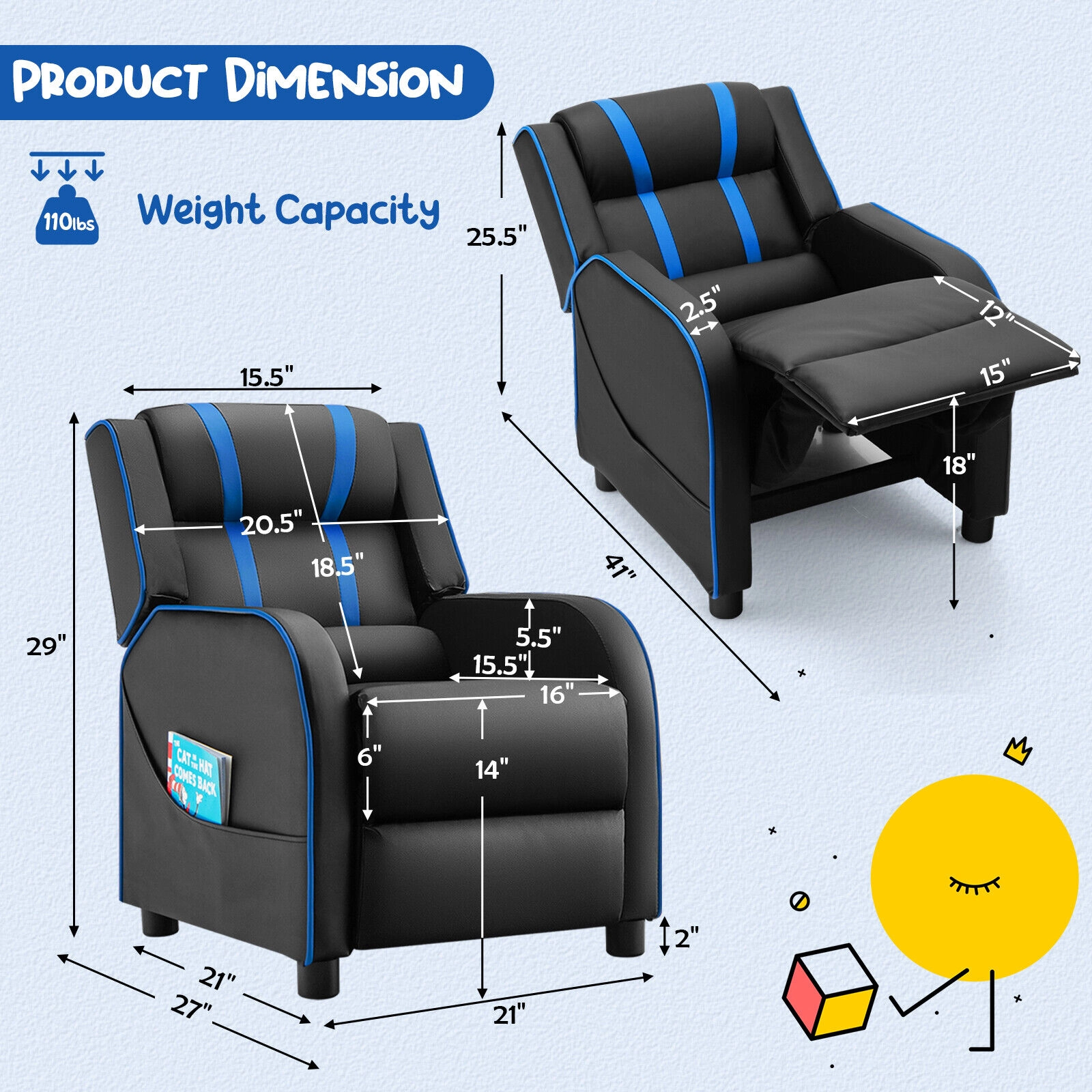 SUGIFT High-Density Sponge Kids Recliner Chair with Side Pockets and Footrest 110-lb Capacity Ages 3-12 Blue