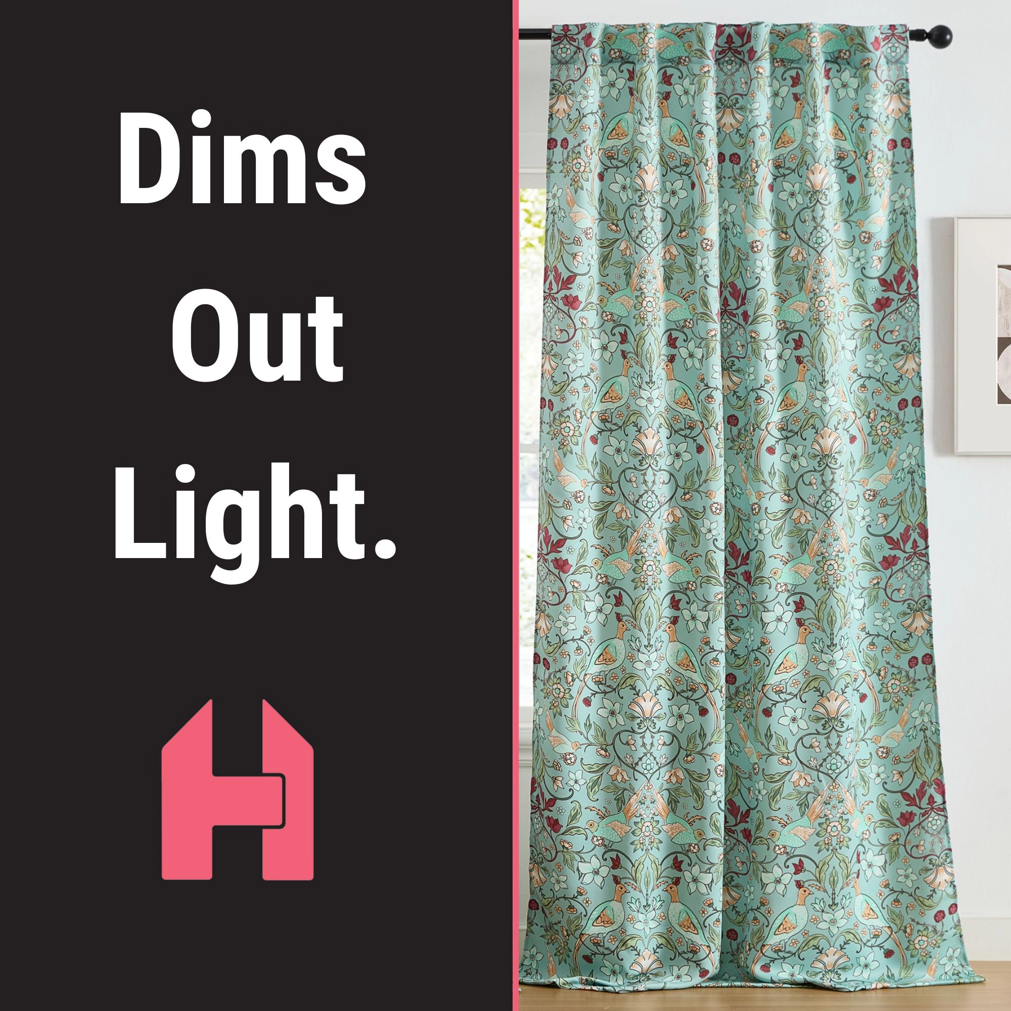 HLC.ME Florence Floral & Birds Patterned Window Back Tab Rod Pocket - Light Blocking Darkening Curtains, Set of 2