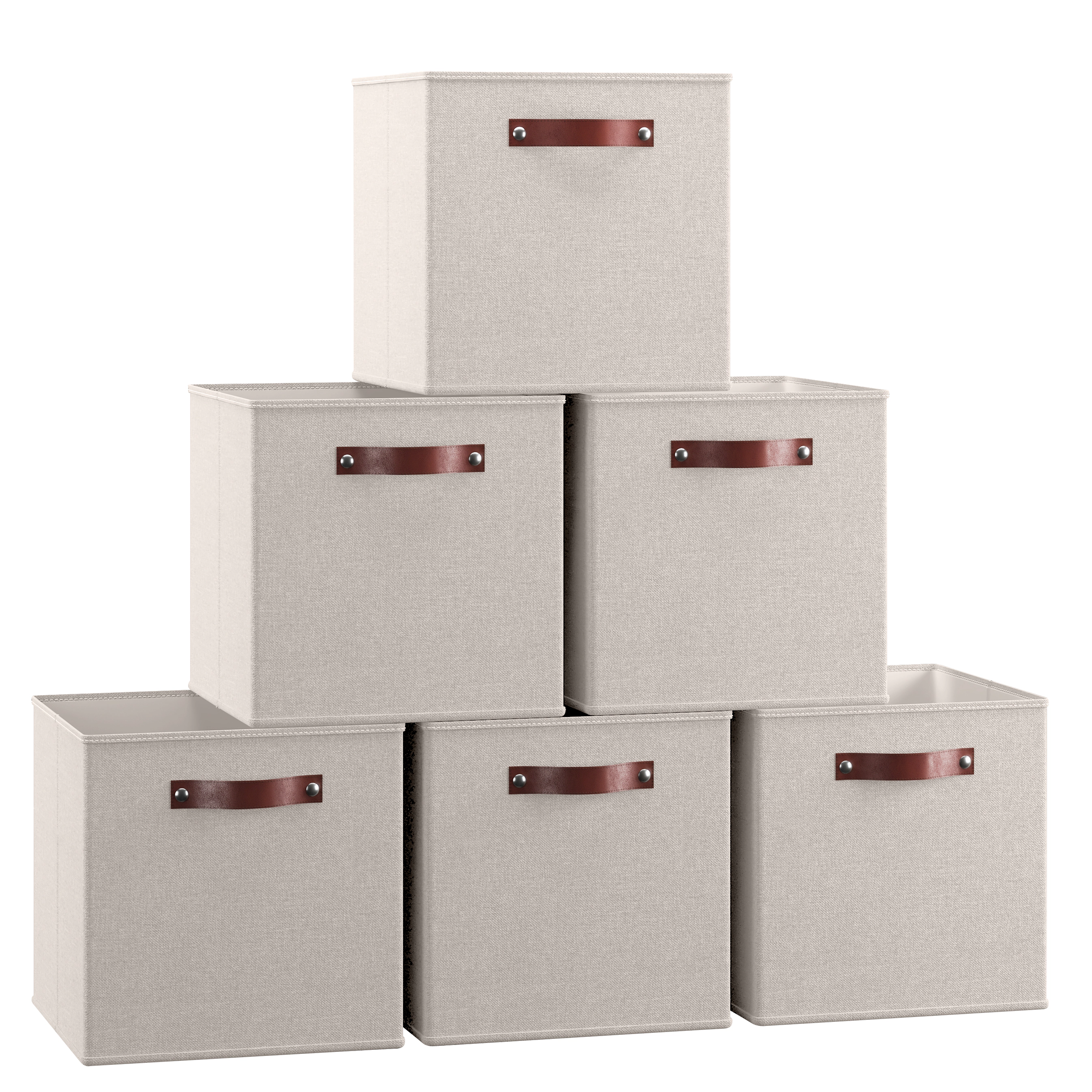 Ornavo Home 6 Pack Collapsible Linen Storage Cube Bin with Leather Handles - 11 Inch