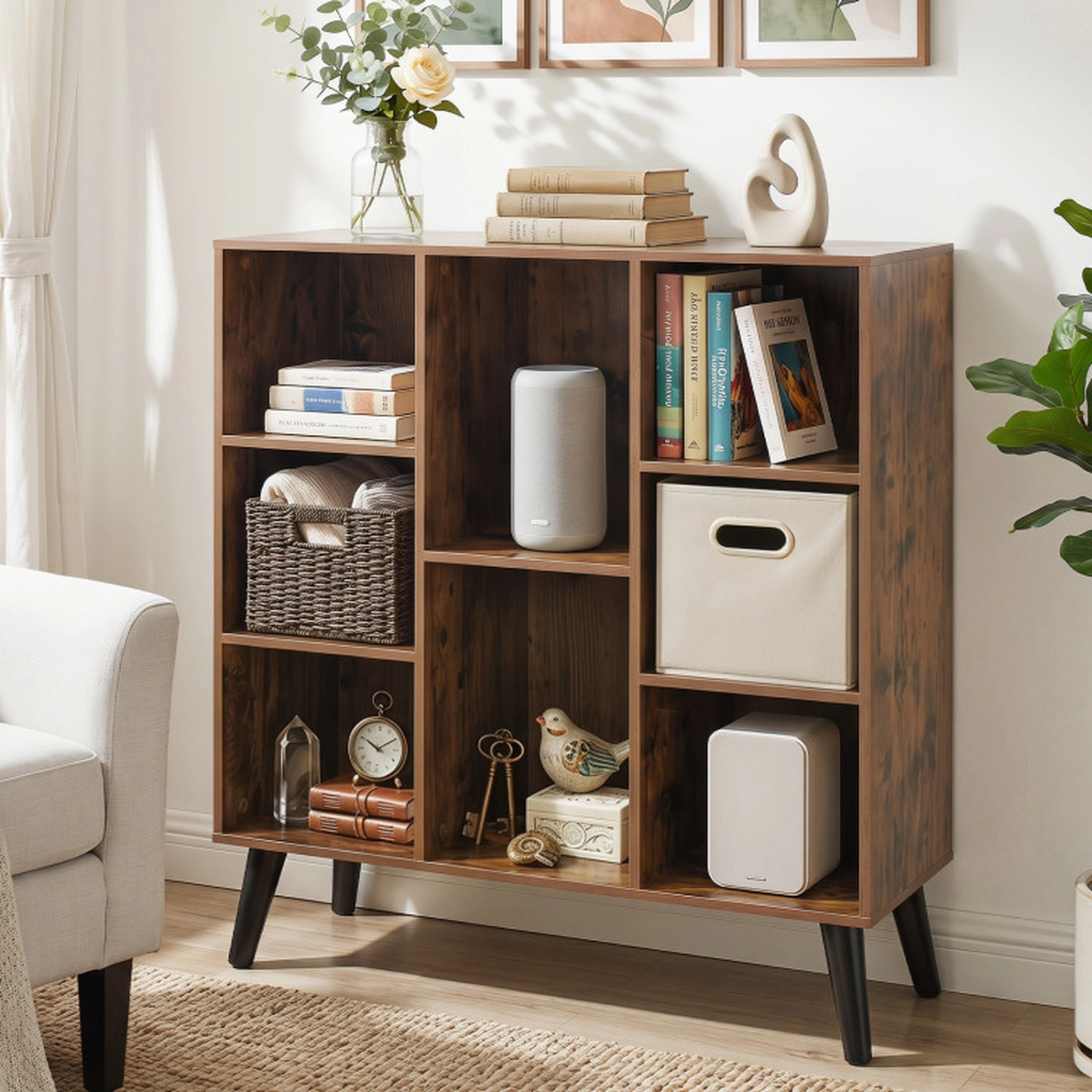 SUGIFT 8-Cube 220-lb Capacity Rustic Brown 37-in Cube Storage Organizer Bookshelf with Raised Legs