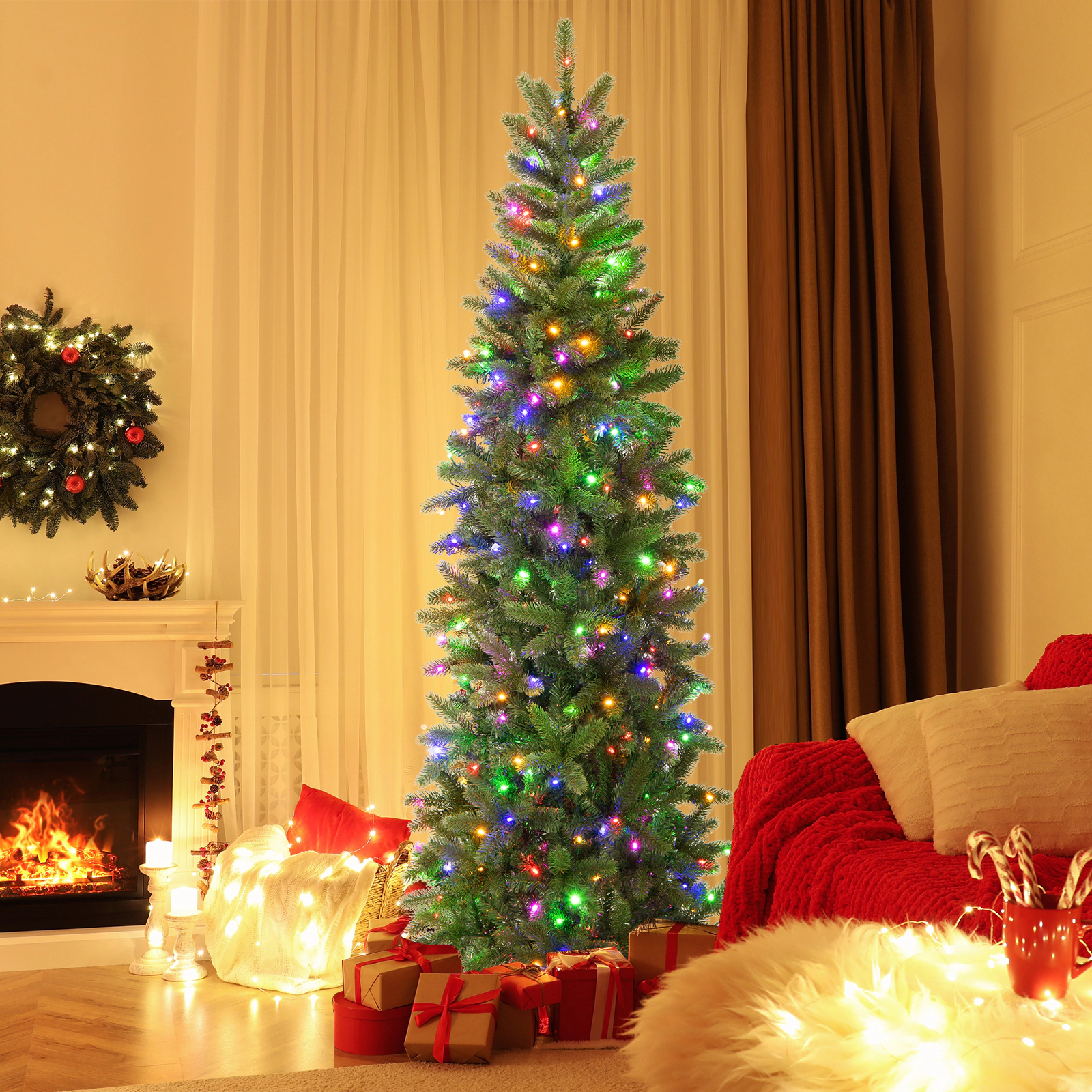 LJG 7.5 Feet Pre-Lit Full Artificial Christmas Tree with Warm White and Multi-Color LED Lights