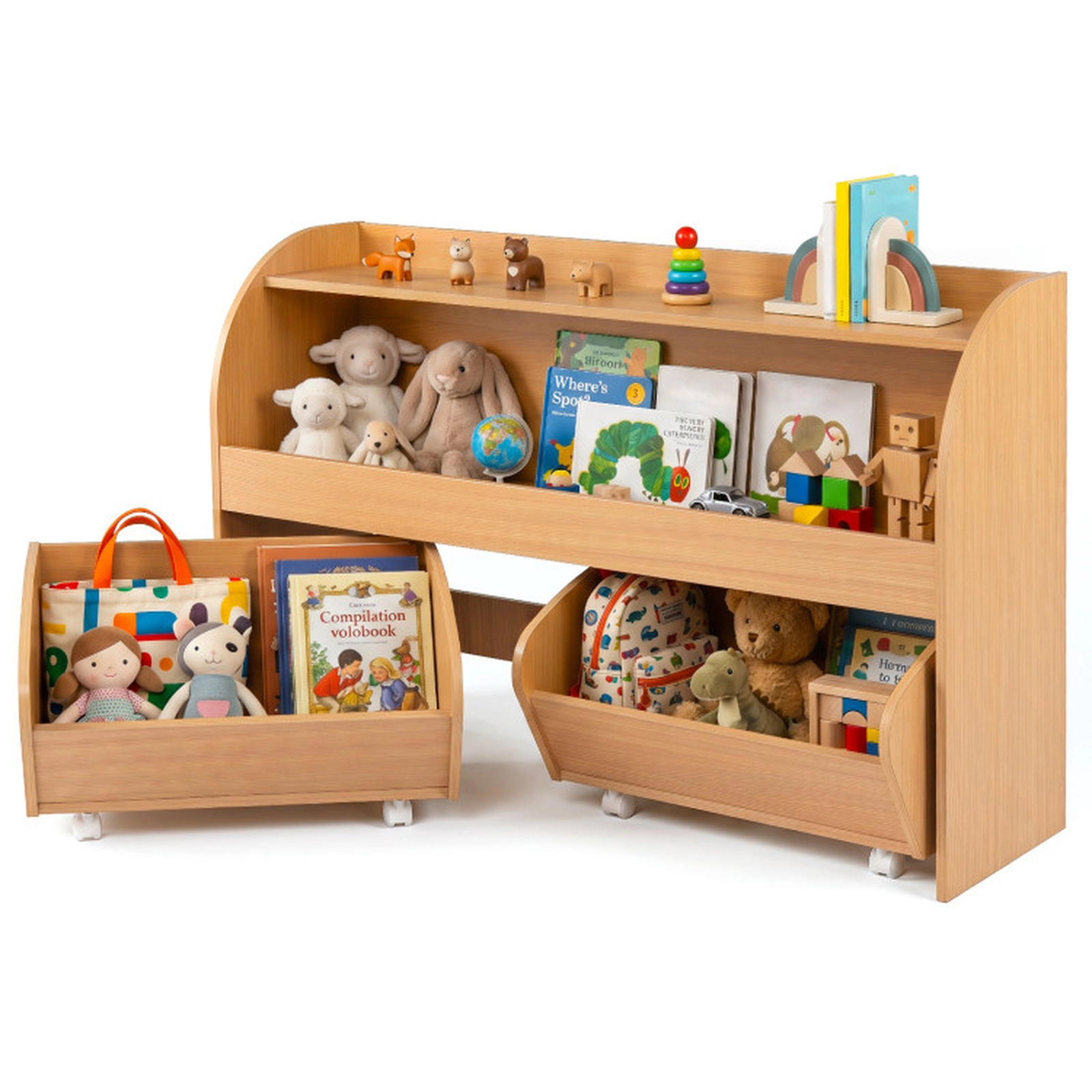 SUGIFT 24-in 33-lb Rated Kids Toy Storage Organizer and Bookshelf with 2 Rolling Drawers and Open Shelves