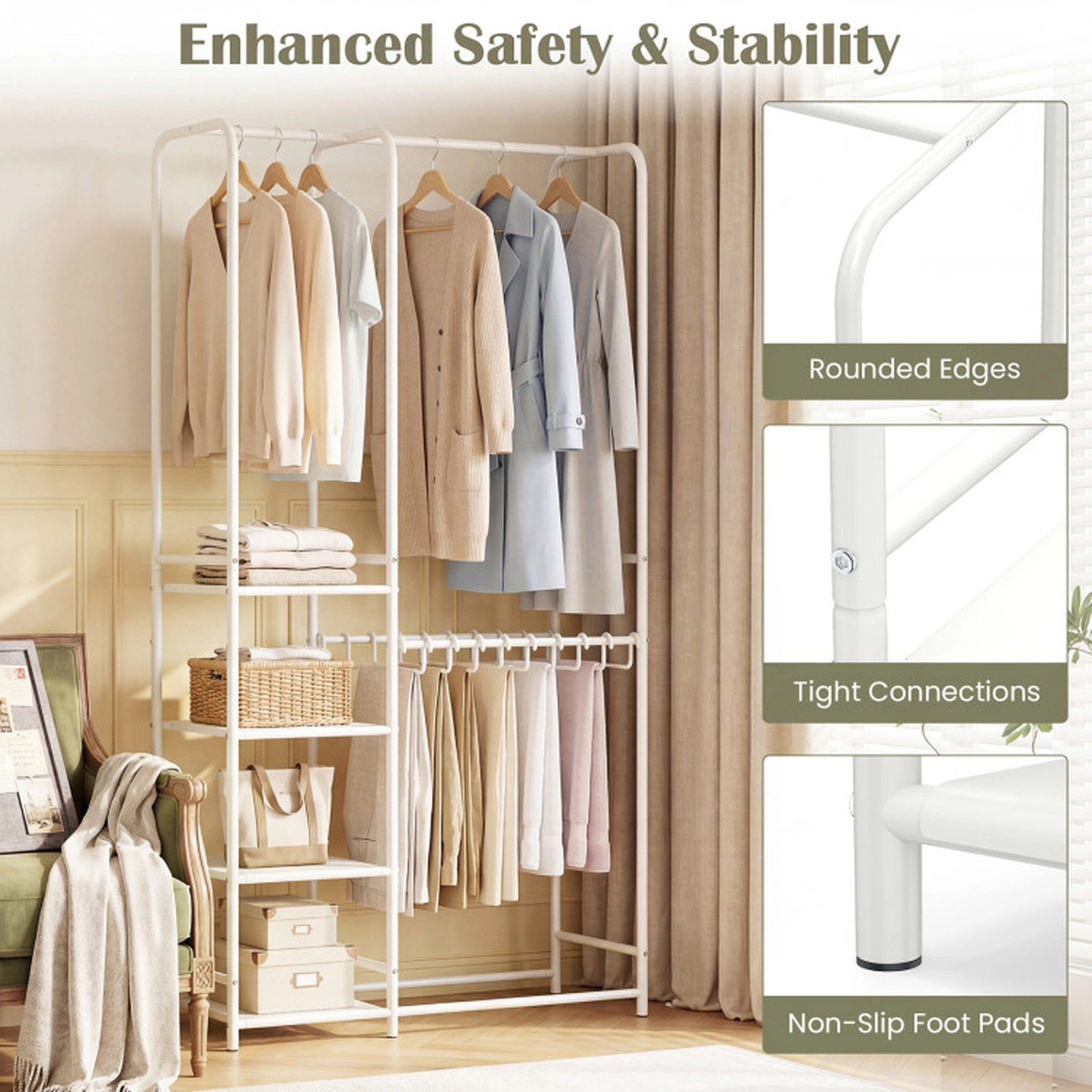 SUGIFT 63-in 120-lb Capacity White Portable Closet with 2 Hanging Rods 4 Storage Shelves and Pants Hangers