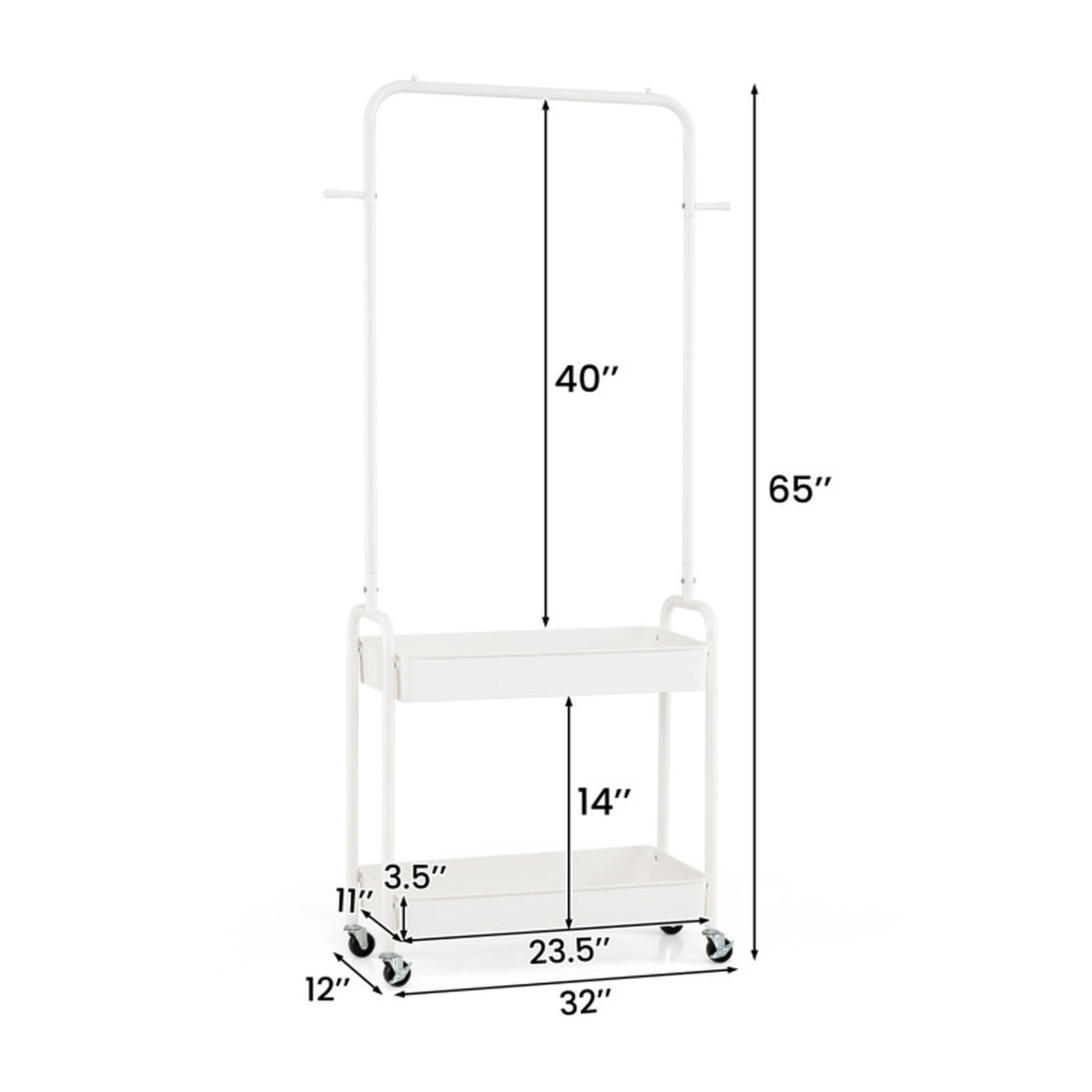 SUGIFT 65-in 80-lb Capacity White Rolling Clothes Rack with Hanging Rod Hooks and 2 Storage Baskets