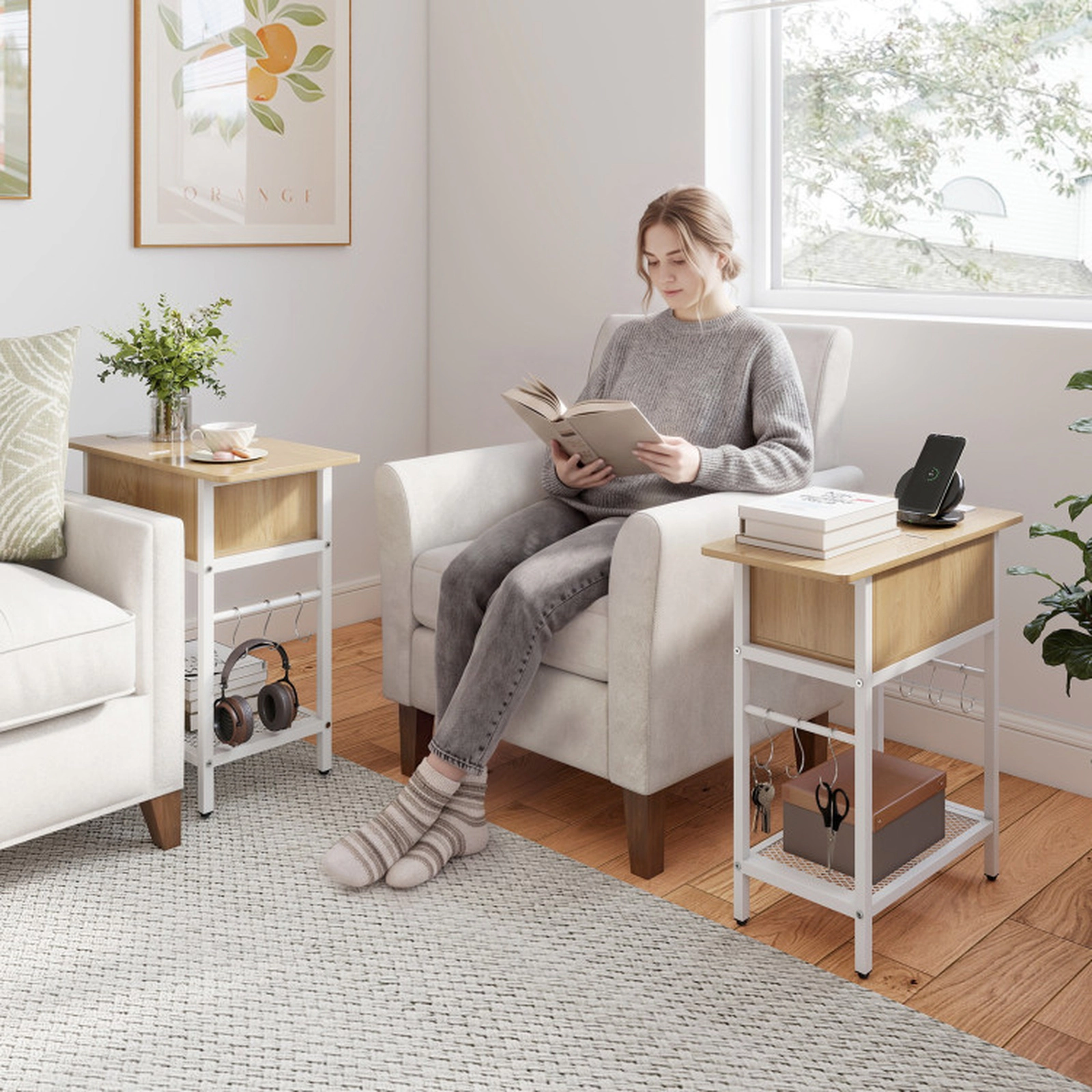 SUGIFT Set of 2 24-Inch End Tables with Charging Station, Hidden Storage and S Hooks